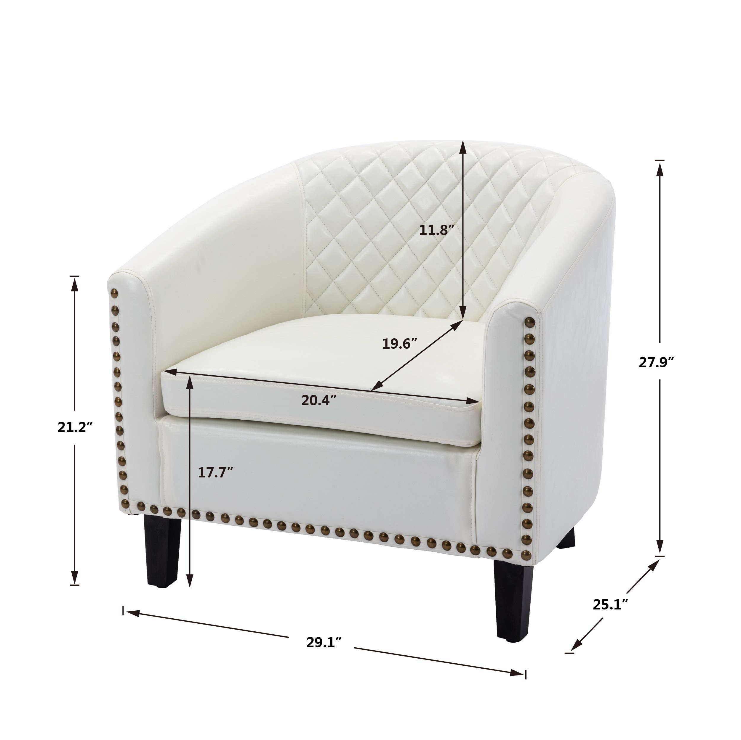Modern Upholstered Faux Leather Barrel Accent Chair with Solid Wood Legs & Nailhead Trim - Comfortable Club Chair for Living Room, Office, Guest Room & Family Room - White Leather Lounge Chair for Home Decor & Relaxation