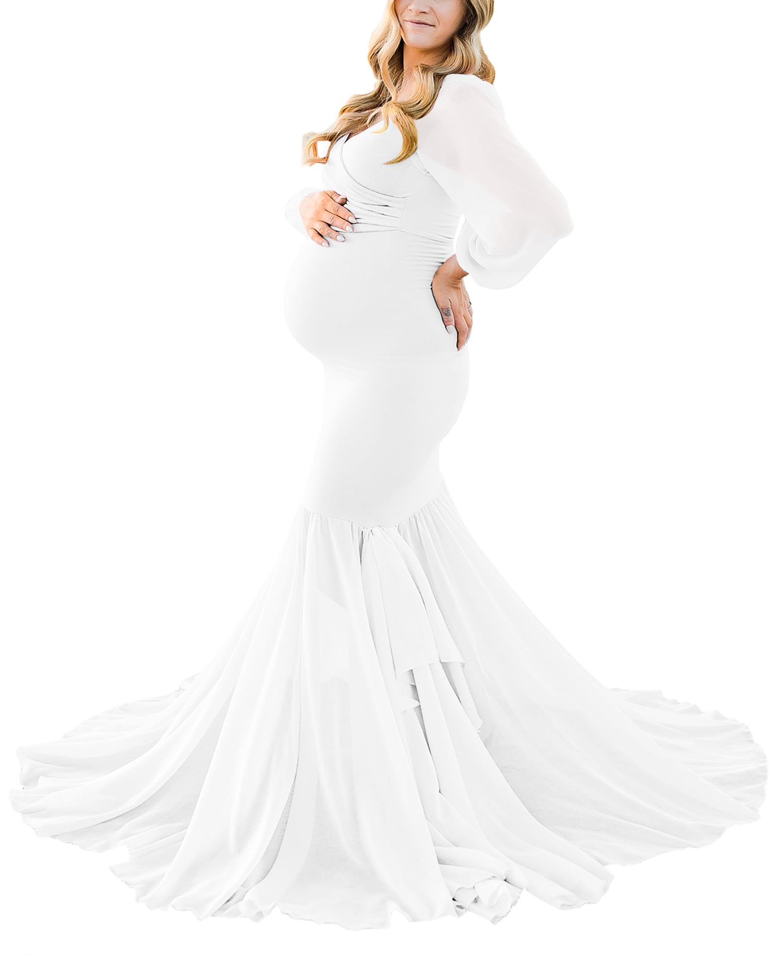 Saslax Elegant Long Sleeve Chiffon Mermaid Maternity Dress for Photoshoot, Baby Shower, Pregnancy Photos, and Special Occasions