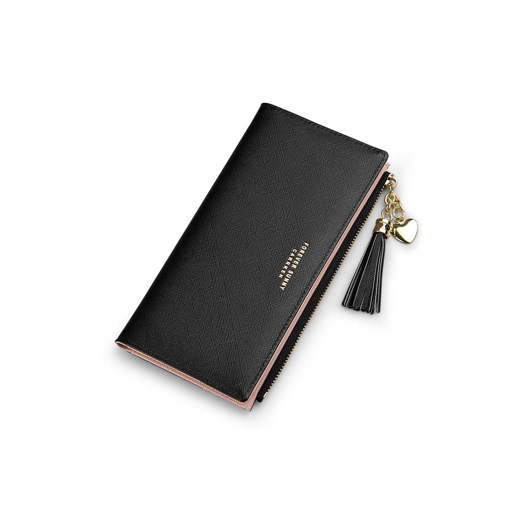 Slim Leather Wallet for Women - Large Capacity RFID Blocking Credit Card Holder with Zipper Coin Purse | Minimalist Phone Case Compatible | Perfect for Everyday Use, Travel & Gift (Black)