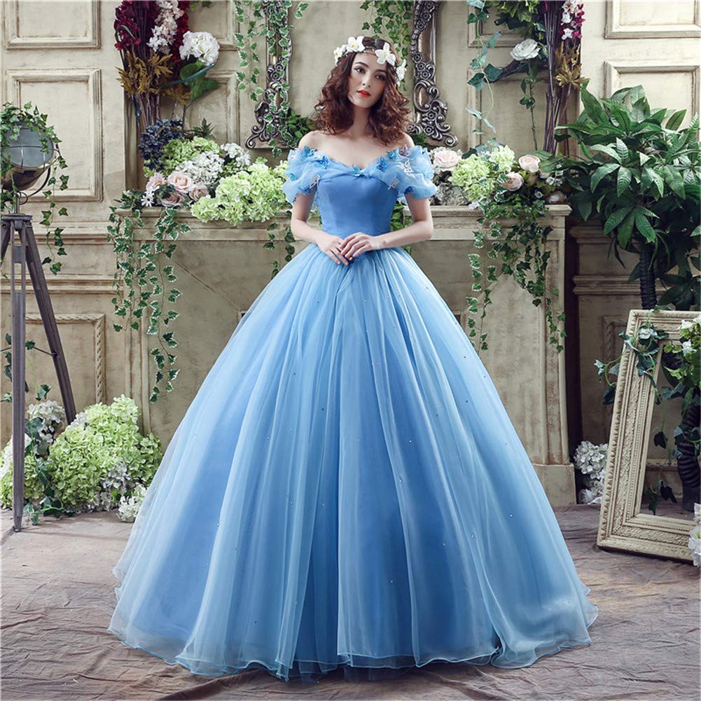 2024 Blue Ball Gown Prom Dress - Off Shoulder Organza Long Evening Gown for Cinderella Cosplay & Princess Theme Party | Perfect for Prom, Homecoming, Quinceañera & Formal Events