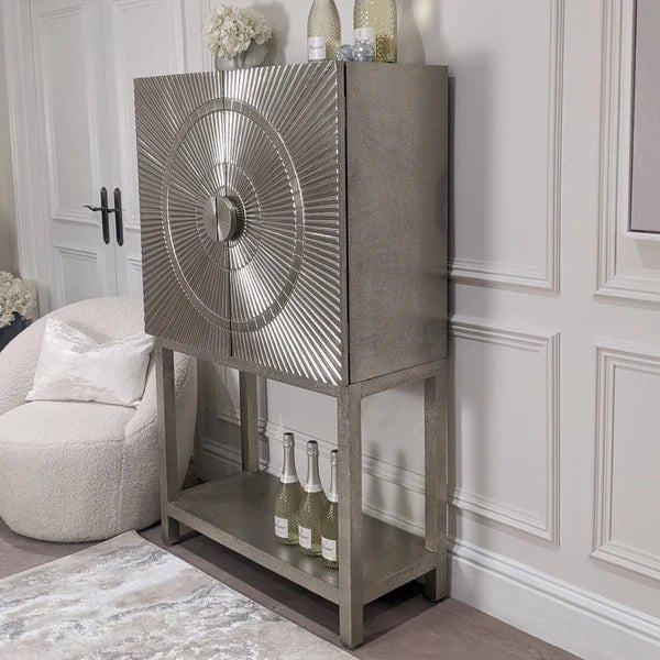 Elegant Silver Metal Embossed Bar Cabinet with Two Doors - Perfect for Home Bar, Living Room, or Dining Room Storage