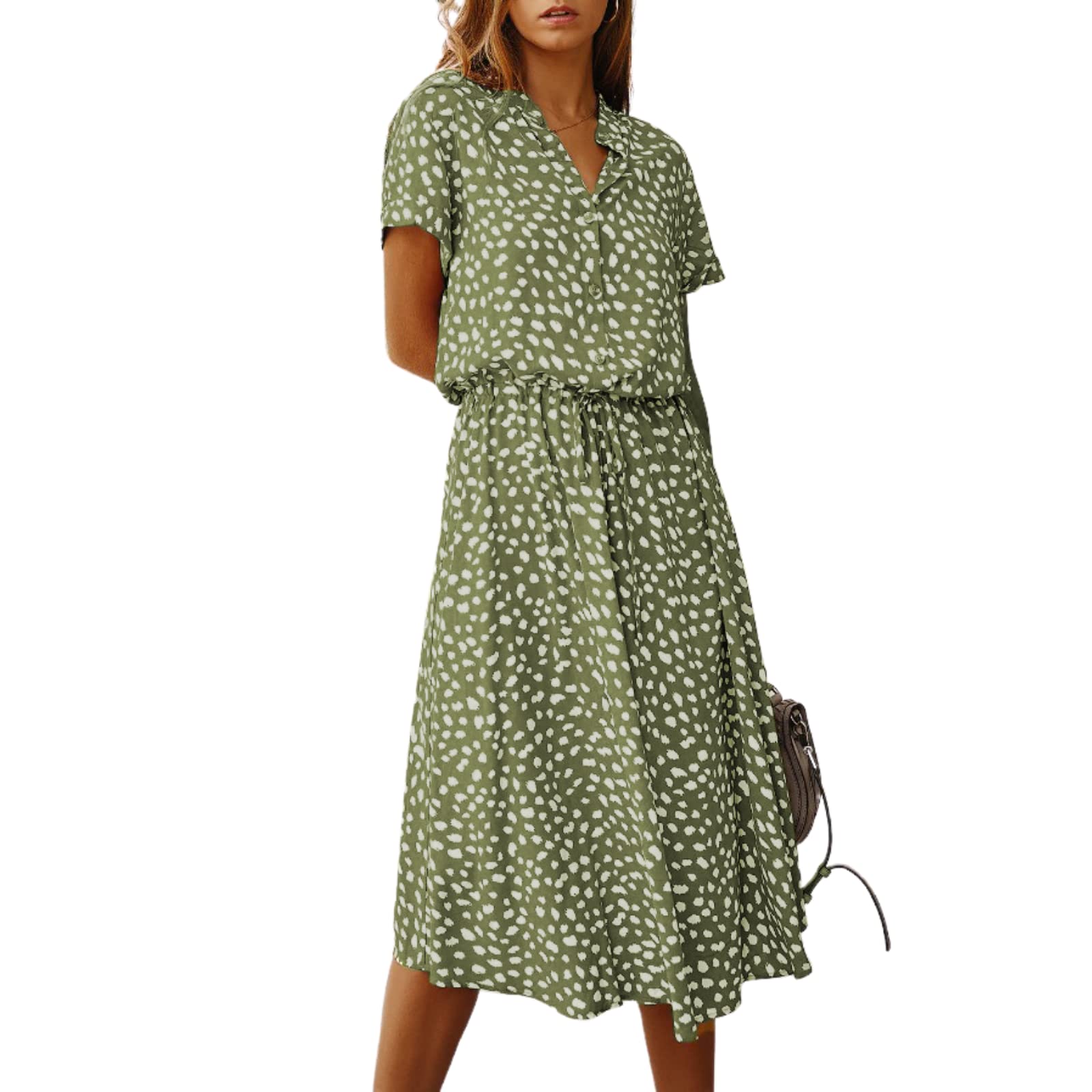 QICDOEQ Women's Polka Dot A-Line Short Sleeve Collar Midi Dress - Casual Vacation V-Neck Dress with Drawstring Waist | Perfect for Beach Outings, Summer Parties & Date Nights