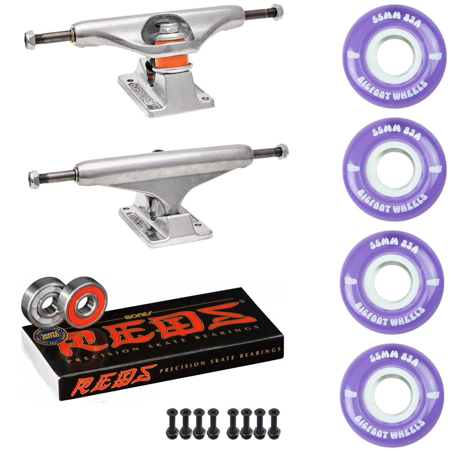 Premium Skateboard Trucks Kit - Bigfoot 55mm 83A Soft Wheels, Bones Reds Bearings, 1