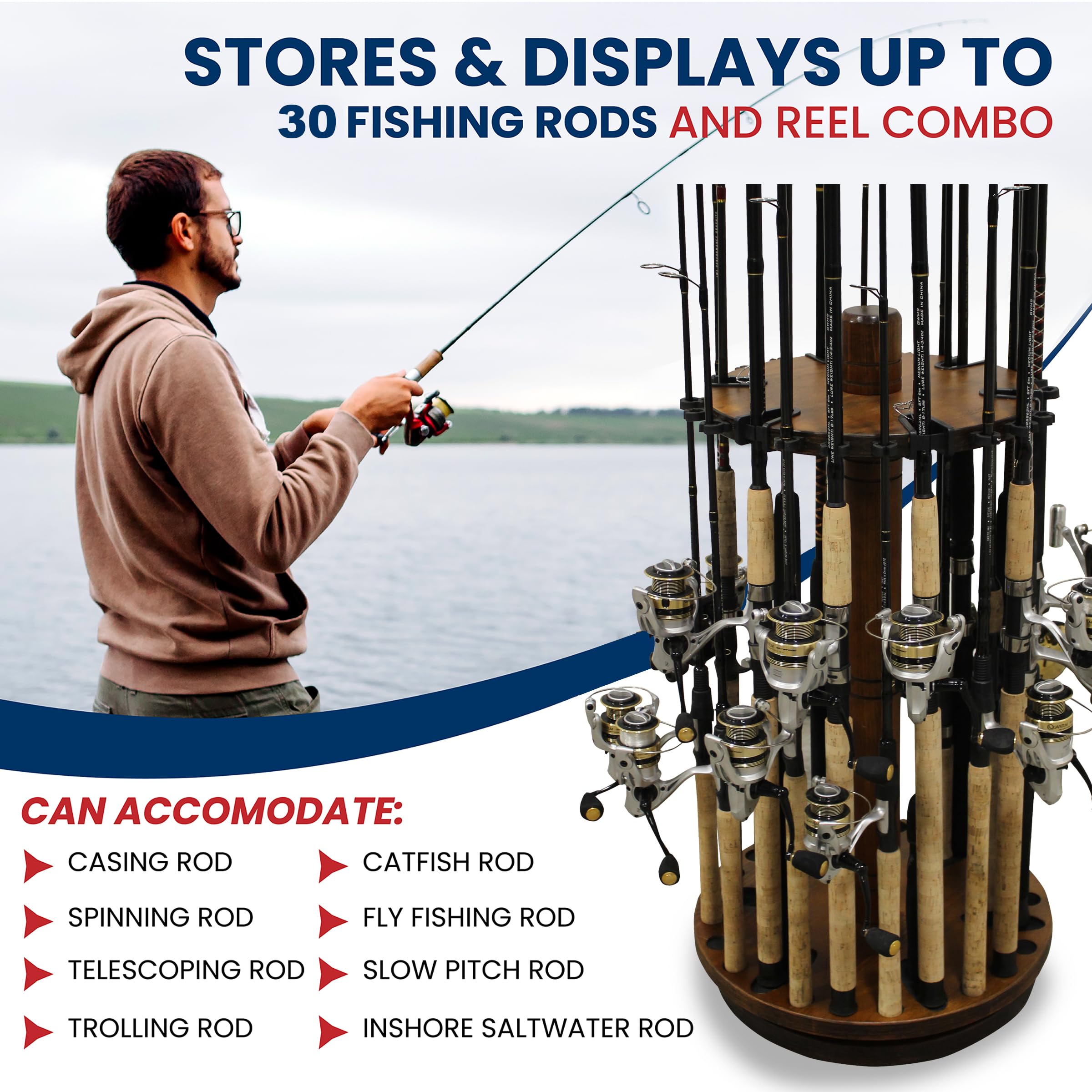 360° Spinning Fishing Rod Holder for Garage & Boat Storage - Organize Reels, Gear, Tackle Box & Accessories - Perfect for Anglers & Fishing Enthusiasts