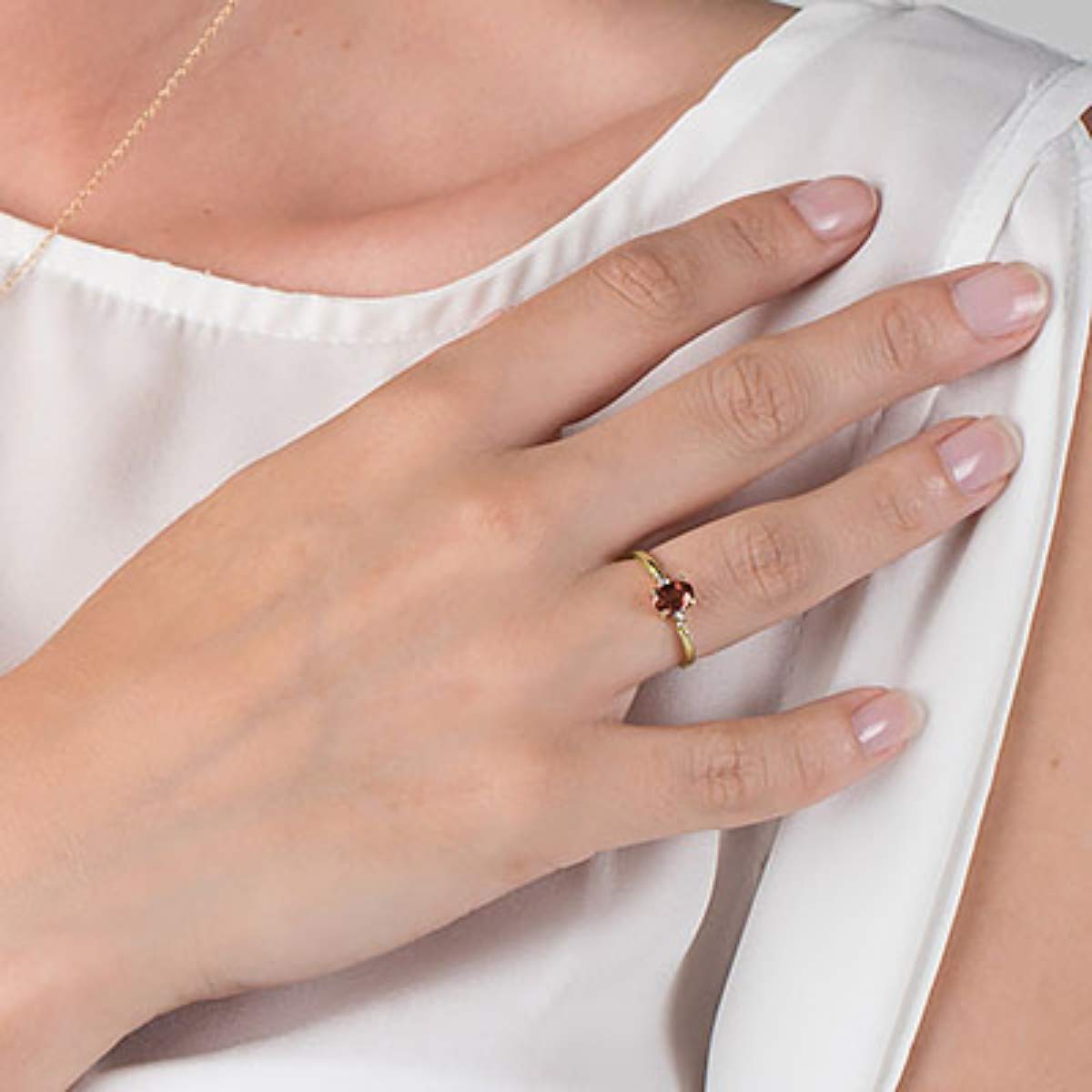 14K Solid Gold Ring with Natural Diamonds & Oval Garnet - Elegant Jewelry for Women, Perfect for Weddings, Anniversaries and Special Occasions
