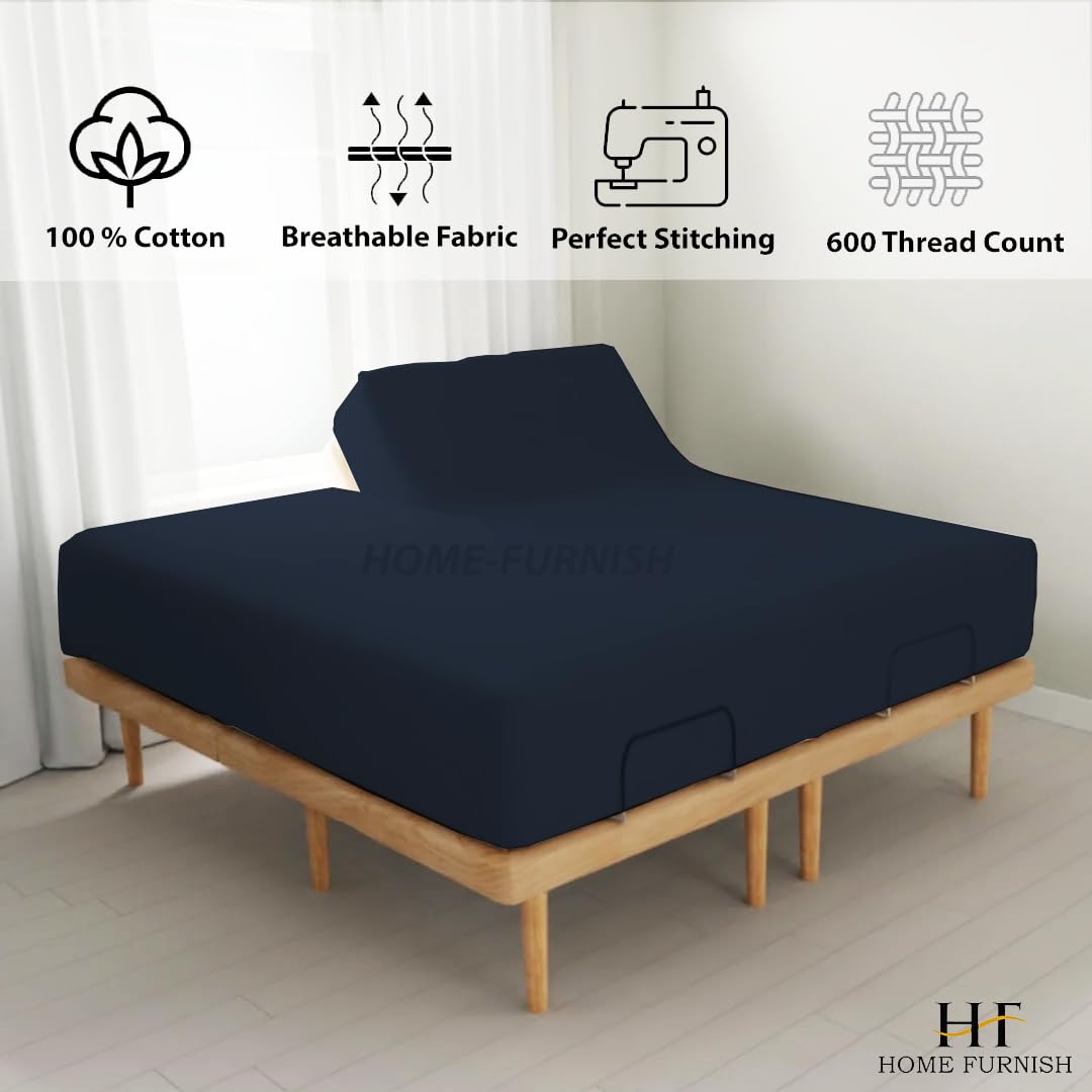 600 Thread Count 100% Cotton Split Queen Fitted Sheet for Adjustable Beds - Navy Blue | Half Split Down 34 Inches from Top | Perfect for Adjustable Beds, Hospital Beds & Home Use