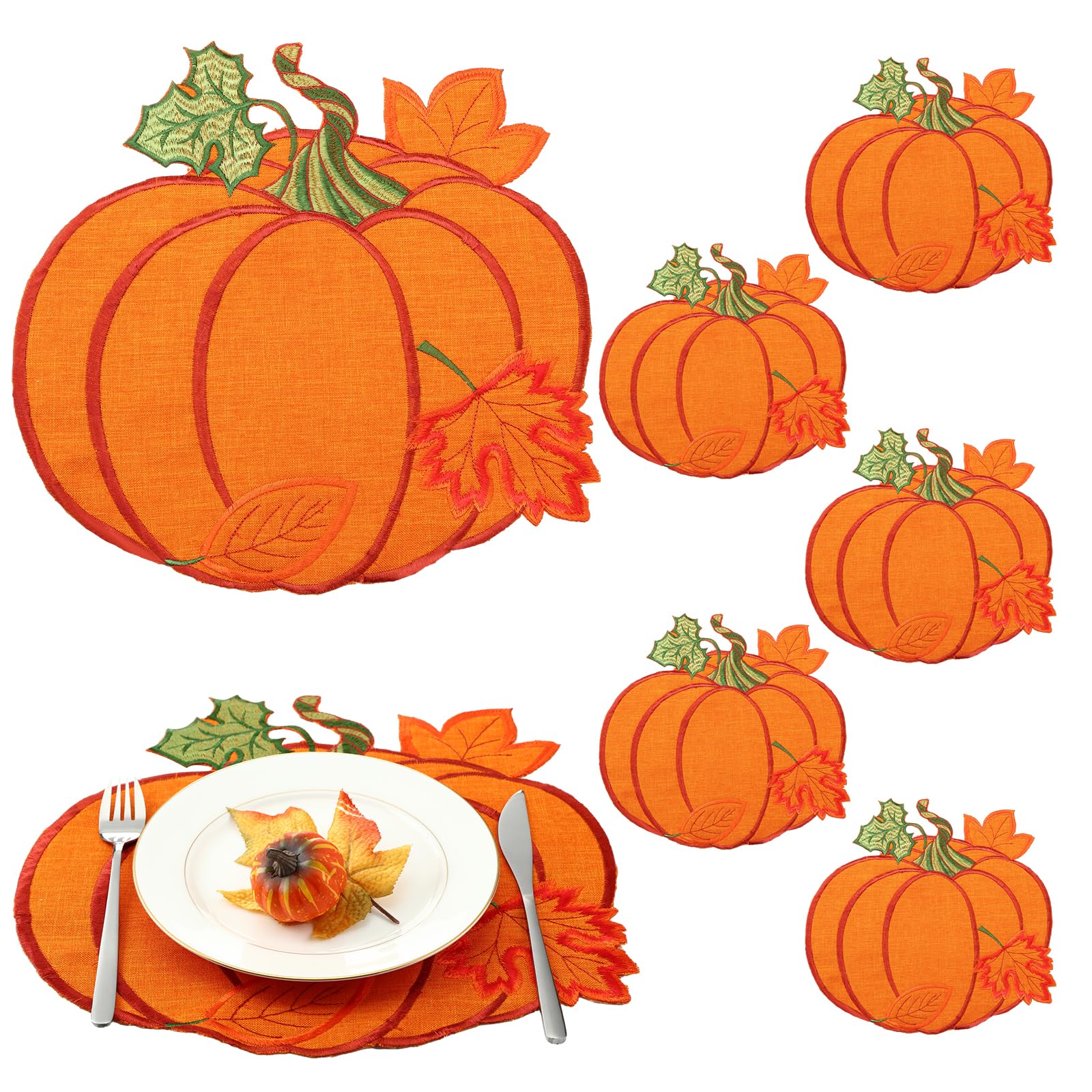 6 Pack Fall Pumpkin Placemats - 14'' Round Embroidered Thanksgiving Table Mats in Harvest Orange for Autumn Decor | Perfect for Holiday Parties, Kitchen & Dining Table Decorations