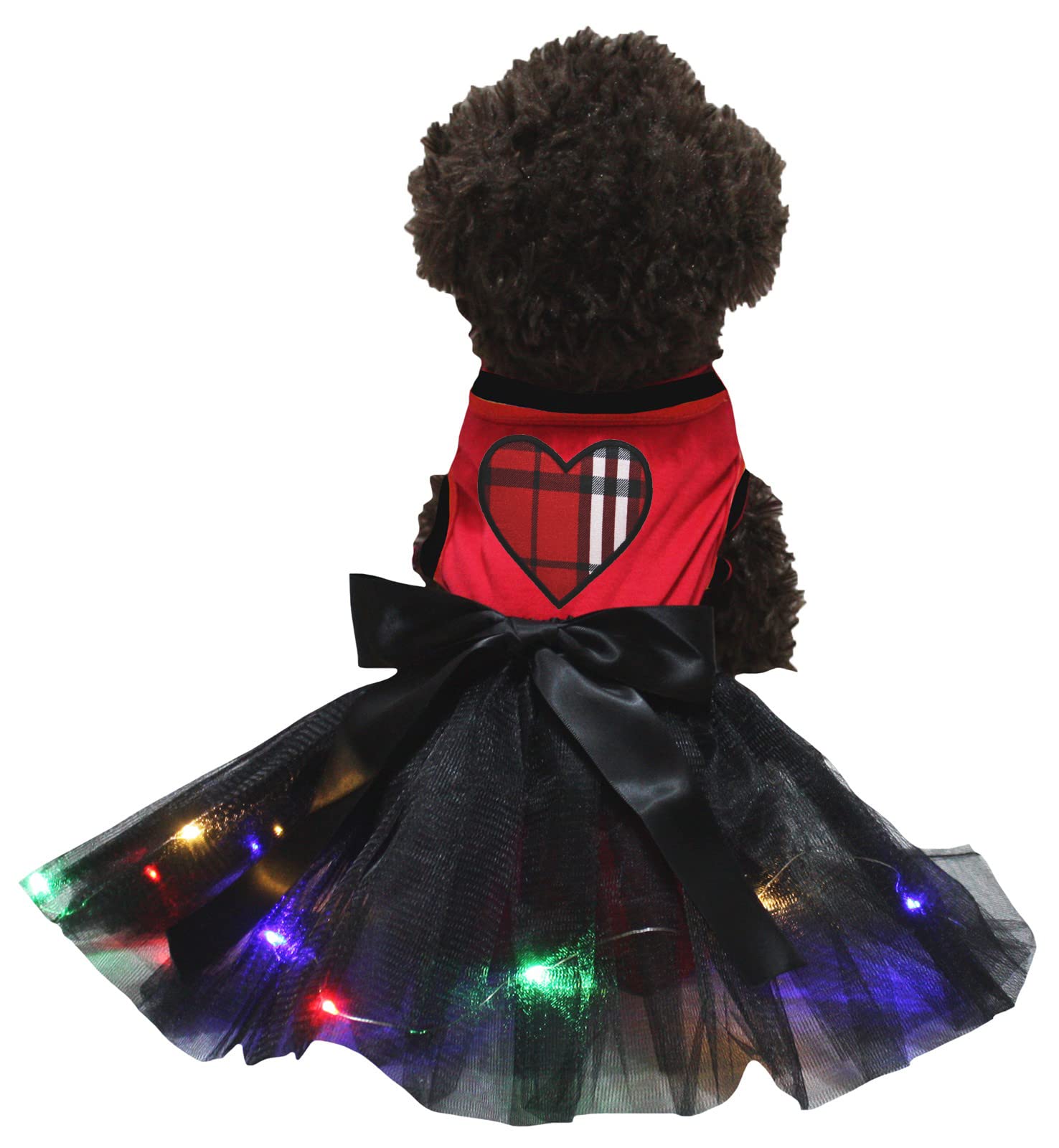 Petitebella Red Plaid Heart Puppy Dog Dress - LED Light Up Small Pet Costume for Christmas, Halloween & Parties (Red/Black)