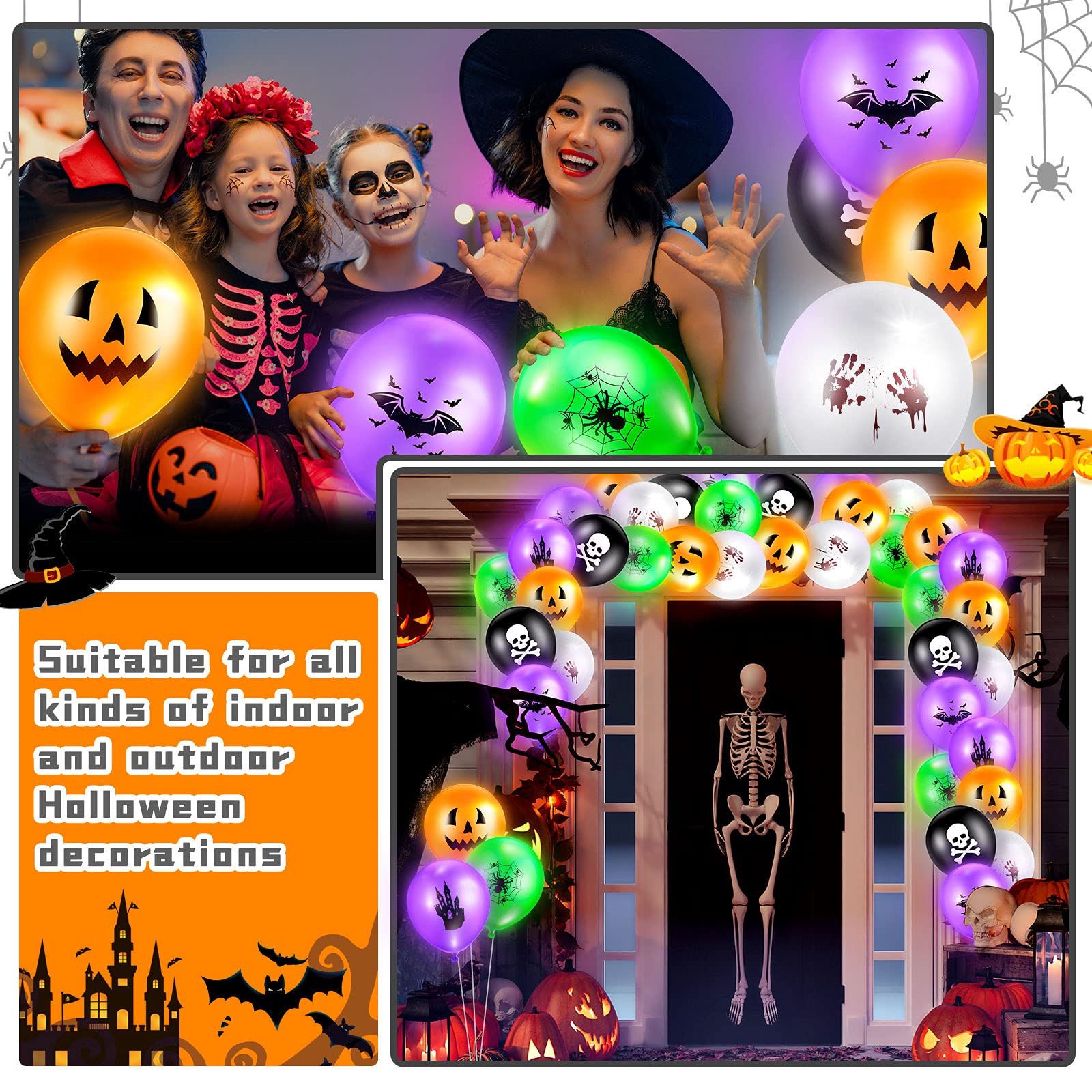 60 Pack Halloween LED Balloons Glow in The Dark - Round Latex Balloons with Lights for Halloween Party Decorations, Wedding, Birthday, Dance Party - Spooky Indoor & Outdoor Decor
