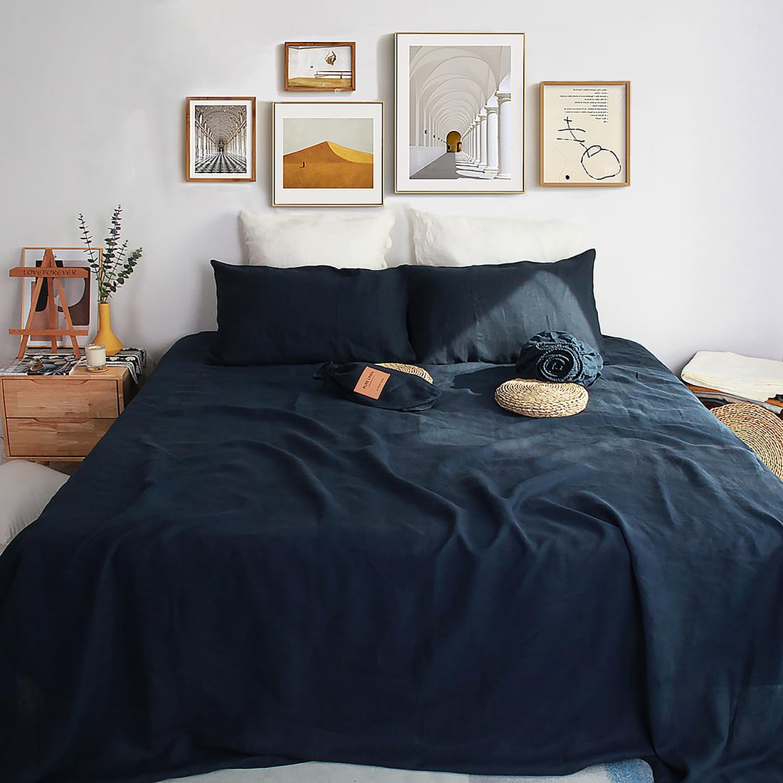 100% Organic Linen Sheets Set - French Natural Flax Bedding - Ultra Soft Stone Washed 4-Piece King Size (Navy) for Luxury Bedroom & Guest Room Decor