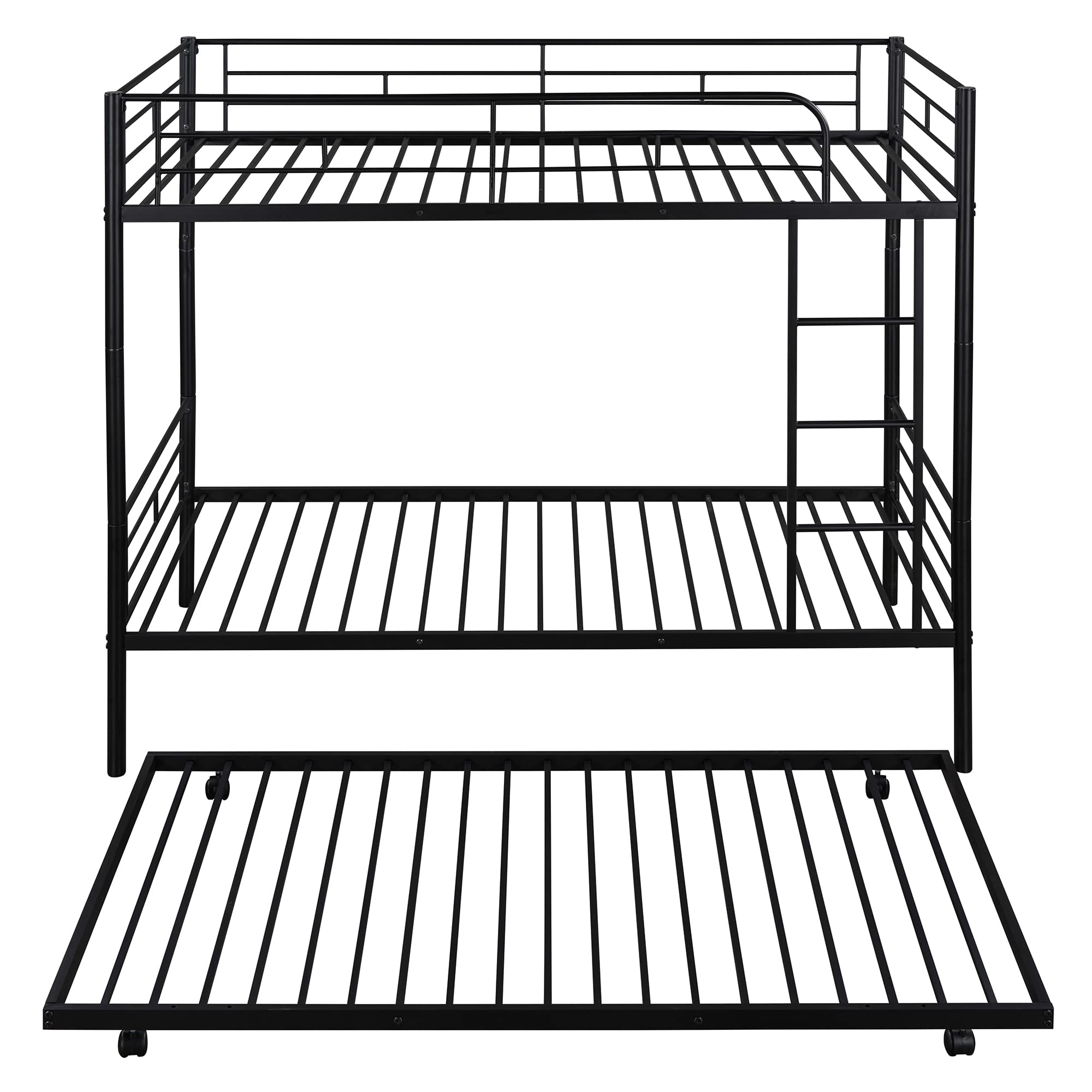 P PURLOVE Twin Over Twin Metal Bunk Bed with Trundle - Space Saving Convertible Bunk Bed Frame with Ladder - Separates into 2 Individual Beds - No Box Spring Required (Black) - Perfect for Kids' Rooms, Guest Rooms & Small Spaces