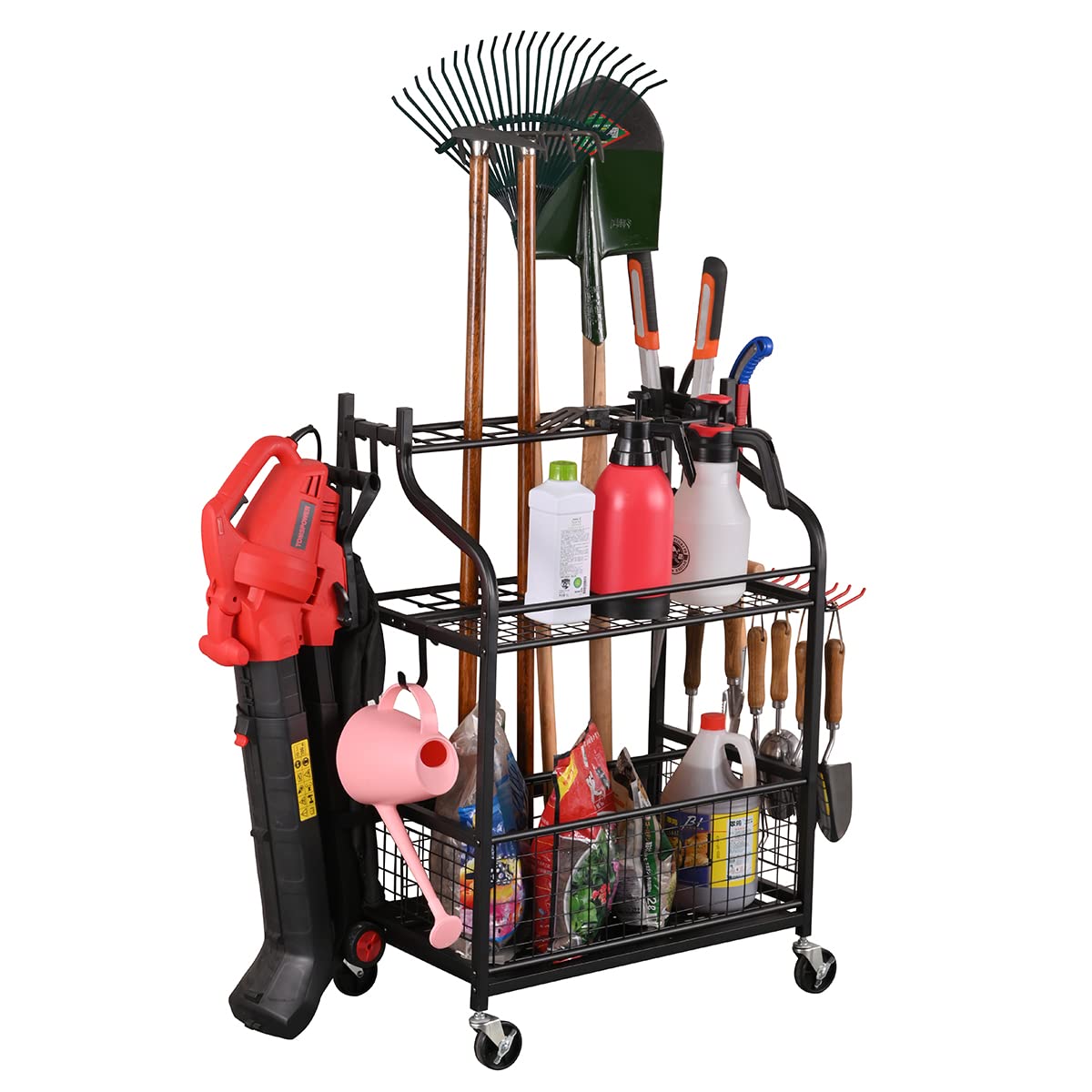 Steel Rolling Garden Tool Organizer with Wheels - Heavy Duty Yard Tool Stand for Garage, Lawn & Outdoor Storage - Holds Rakes, Brooms, Mops & Buckets - Perfect for Garage Organization & Backyard Gardening