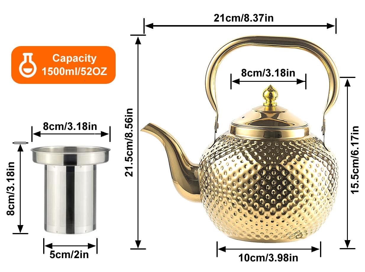 SANQIAHOME 1500ml Stainless Steel Teapot with Infuser - Induction & Gas Compatible Tea Kettle with Ergonomic Handle - Perfect for Home, Office, and Tea Ceremonies (Gold)