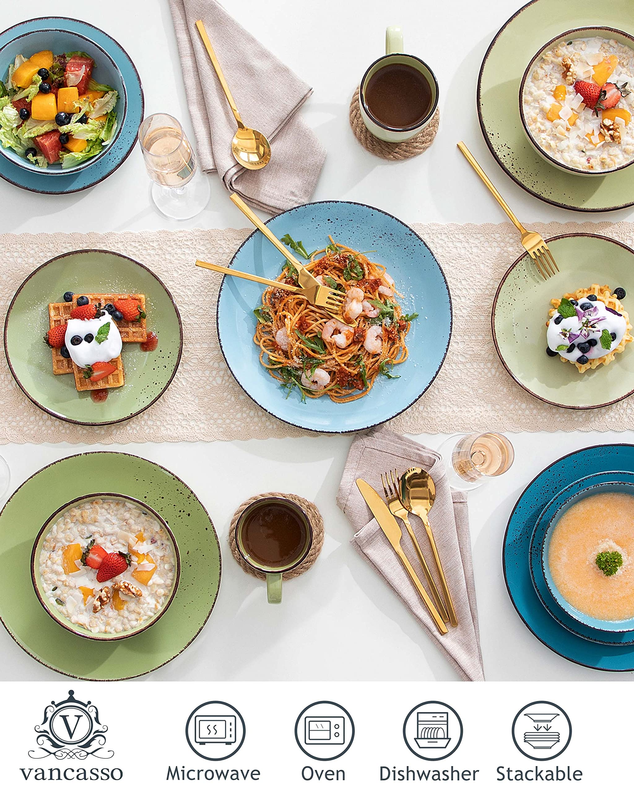 Vancasso Navia 32-Piece Stoneware Dinnerware Set - 8 Place Settings with Dinner Plates, Salad Plates, Bowls & Mugs - Durable Spray Spot Pattern in Multi-Color - Perfect for Family Dinners, Parties & Restaurant Use