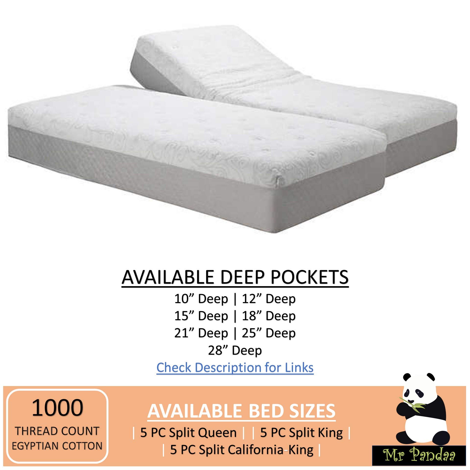 Premium 1000-Thread-Count 100% Egyptian Cotton Split Queen Sheet Set for Adjustable Beds - Ultra Soft Sateen Weave 5-Piece Set with 2 Fitted Sheets (21