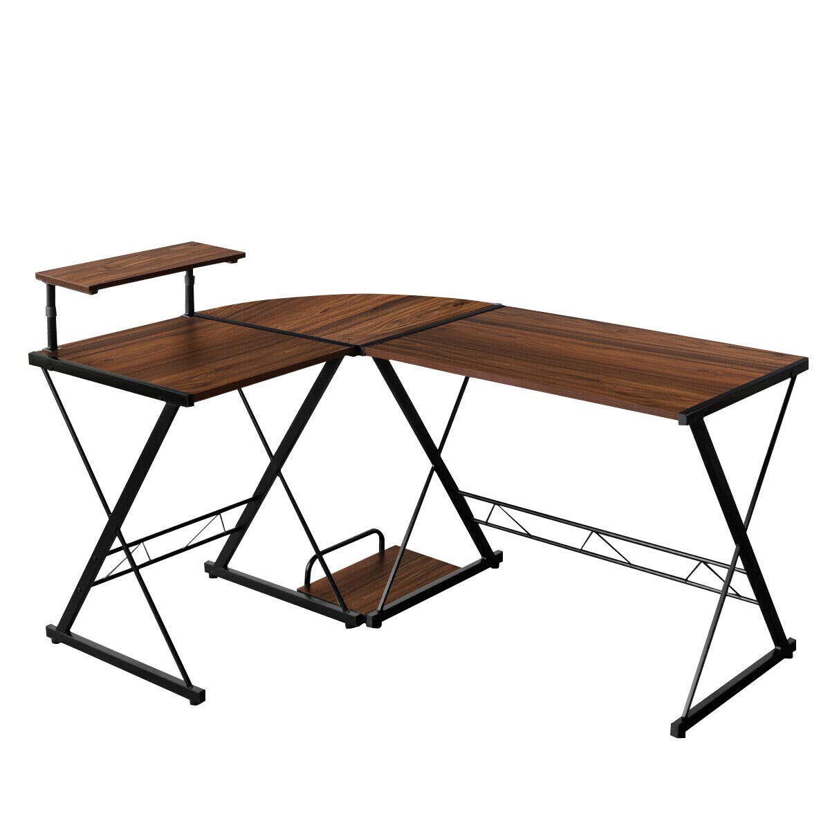 Modern L-Shaped Reversible Corner Desk with CPU Stand - Sturdy Multifunctional Home Office Computer Table in Walnut Finish for Small Spaces & Workstations