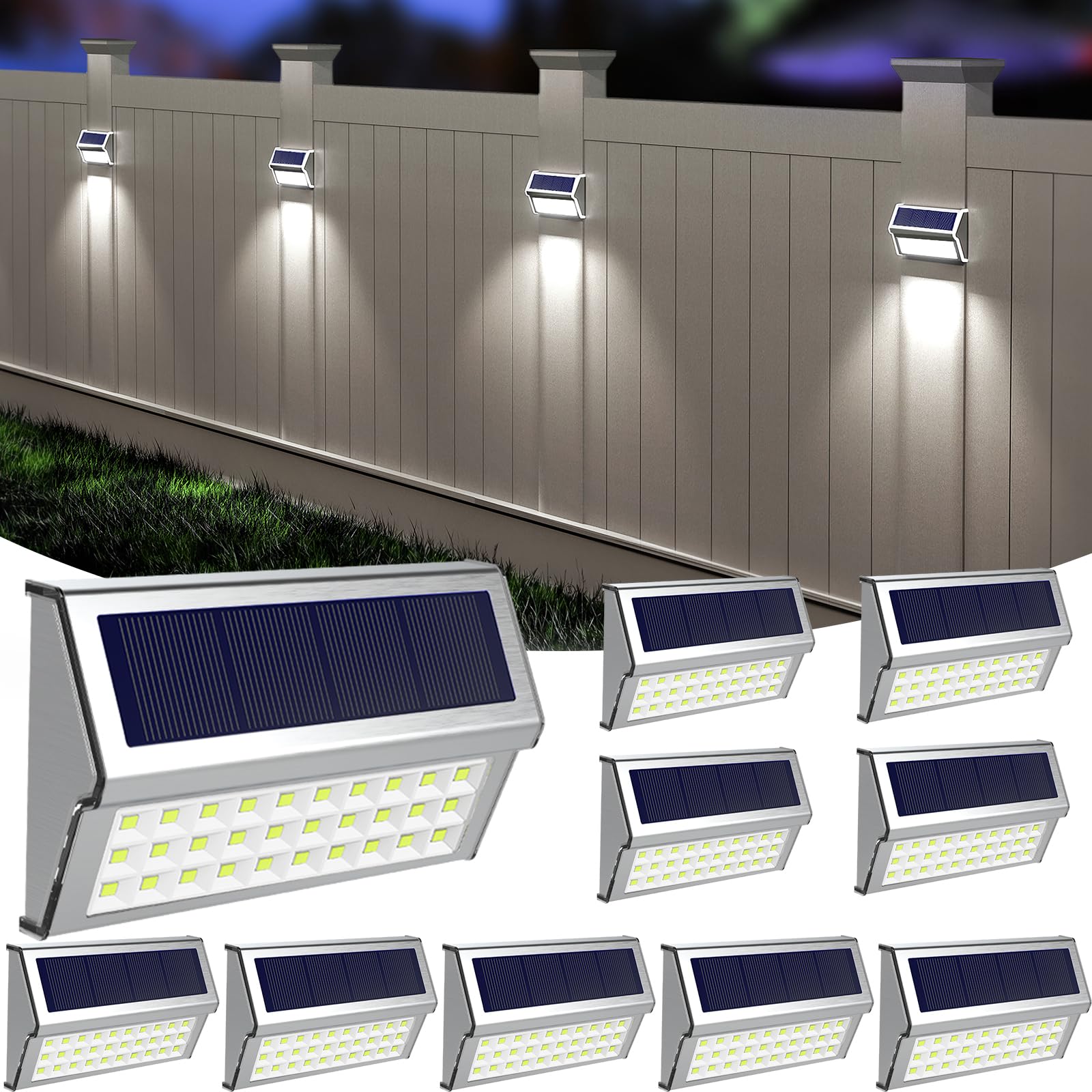 ROSHWEY 10 Pack Solar Lights Outdoor, 30 LED Waterproof Solar Powered Fence Lights - Stainless Steel Deck Post Lamps for Backyard, Yard, Walkway, Stairs (Cool White) | Perfect for Garden, Pathway, and Patio Lighting