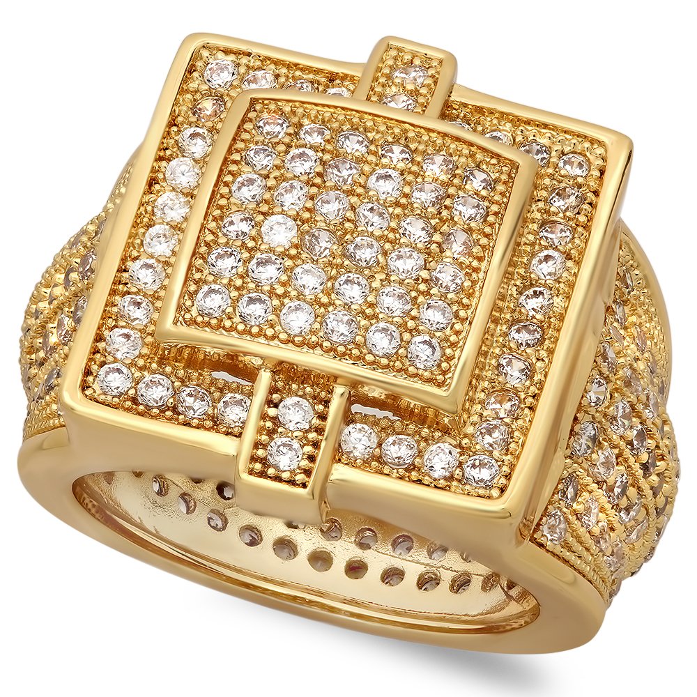 18K Gold Plated Cubic Zirconia Hip Hop Ring for Men - Iced Out Square Micro-Pave Design with Free Polishing Cloth | Perfect for Rap Artists, Streetwear Fashion & Gift Giving