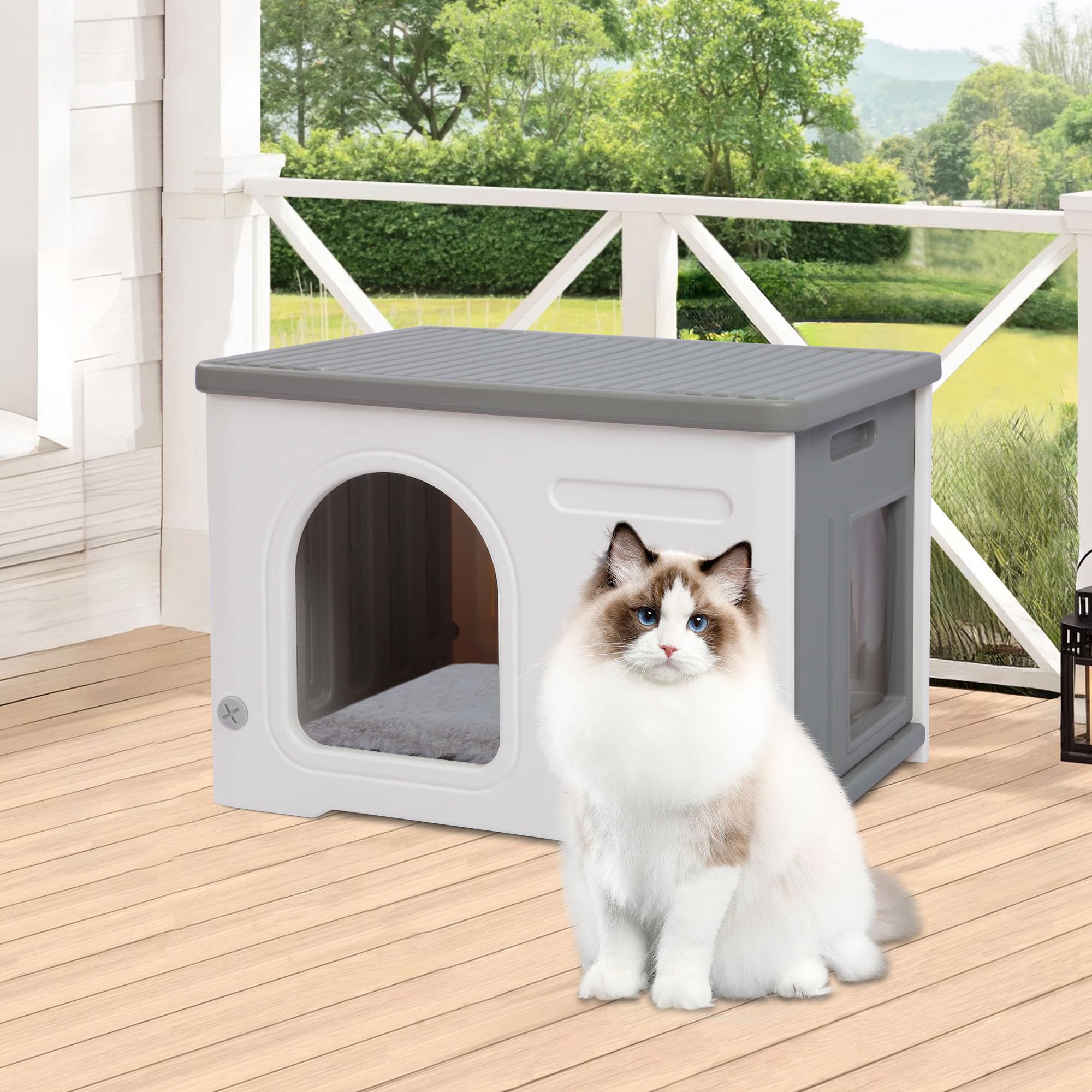 Rockever Waterproof Outdoor Cat House with Escape Door & Bed Mat - Sturdy Indoor/Outdoor Shelter for Feral Cats, Easy Assembly (Grey) - Perfect for Backyard, Garden & Winter Protection
