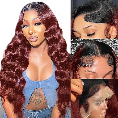 XNJ 13x4 HD Lace Front Wig Human Hair - Reddish Brown Auburn #1B/33 with Dark Roots, Pre-Plucked Body Wave 22 Inch Glueless Lace Wig | Perfect for Daily Wear, Cosplay, and Special Occasions
