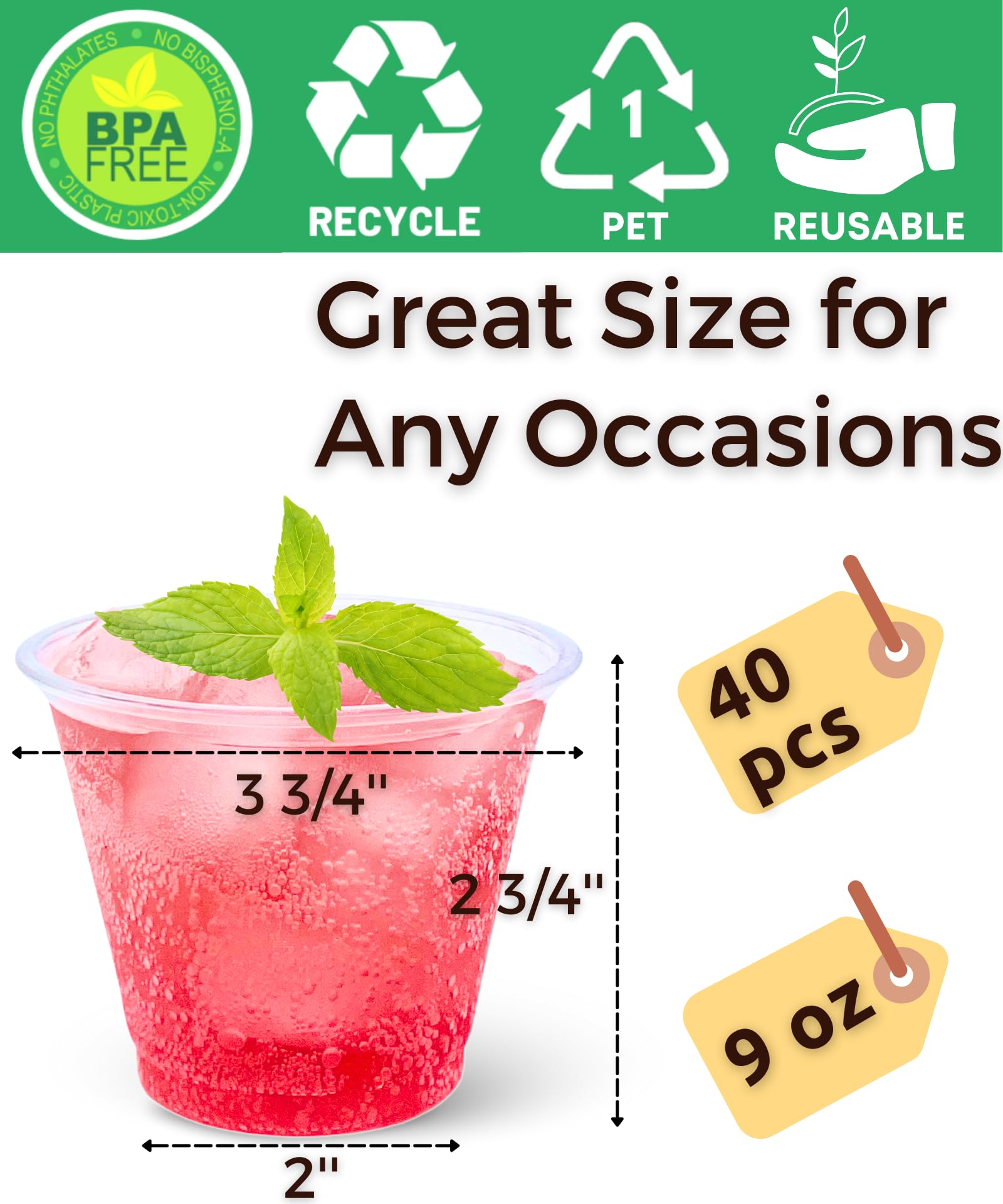 40 Pack 9 oz Clear Plastic Cups - Disposable Sturdy Recyclable Drinking Glasses for Wine, Cocktail, Punch & Cold Beverages - Perfect for Weddings, Parties, BBQs & Outdoor Events