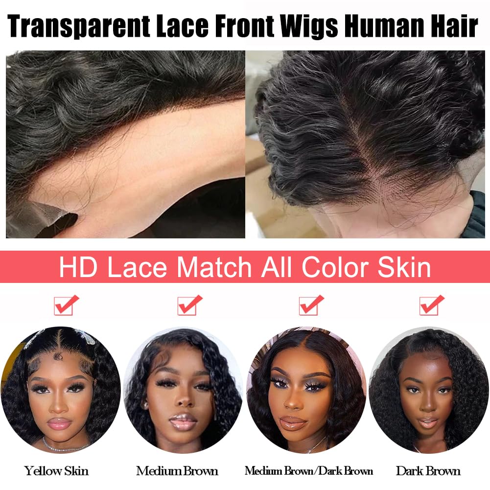 22 Inch Deep Wave Lace Front Wig Human Hair 200% Density 13x4 HD Curly Lace Frontal Glueless Wig for Women - Pre Plucked Natural Black Color for Daily Wear, Parties & Special Occasions