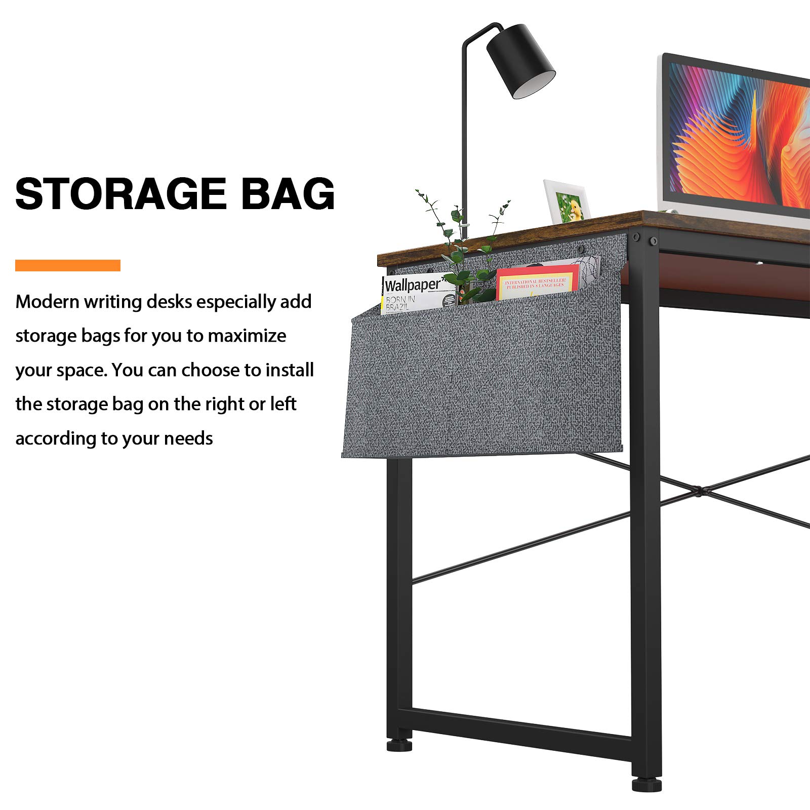 HomVent 47 Inch Modern Computer Desk - Home Office Writing Study Table with Storage Bag, Waterproof & Durable (Brown) - Perfect for Small Spaces, Work from Home, Online Classes & Gaming Setup