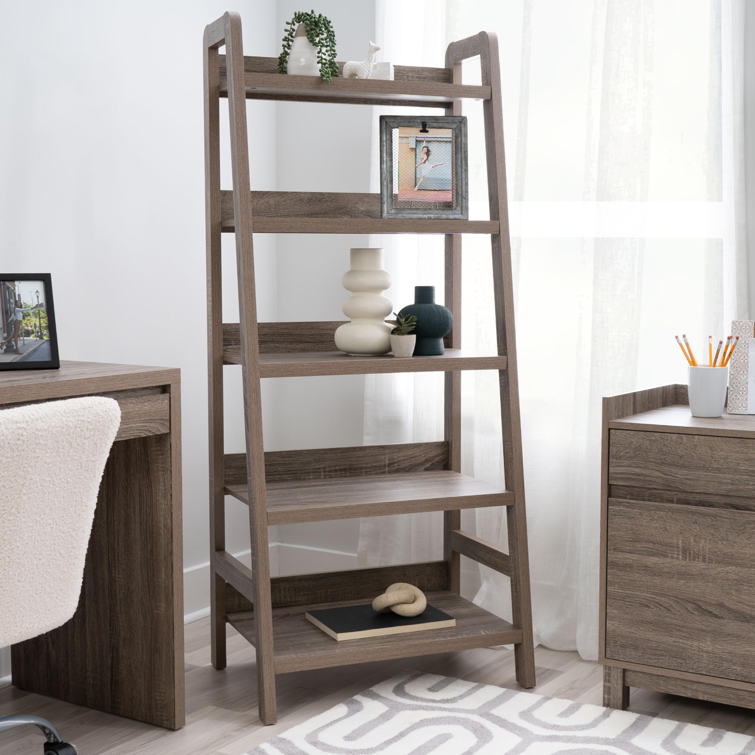 Linon Tracey Greywash Wooden 5-Shelf Ladder Bookcase - Stylish Storage for Living Room, Bedroom, or Home Office