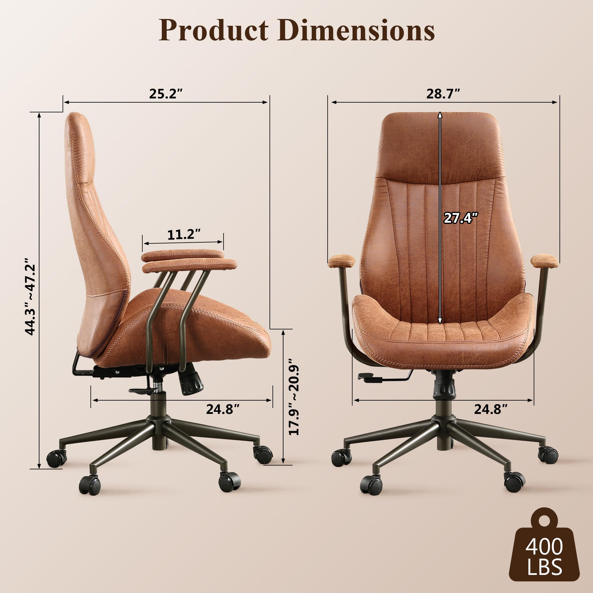 Mid Century Modern Office Chair - High Back Ergonomic Executive Chair with Lumbar Support, Swivel Computer Desk Task Chair with Wheels, Faux Leather Suede Fabric Home Office Chair (Brown) - Perfect for Home Office, Gaming & Workspace Comfort