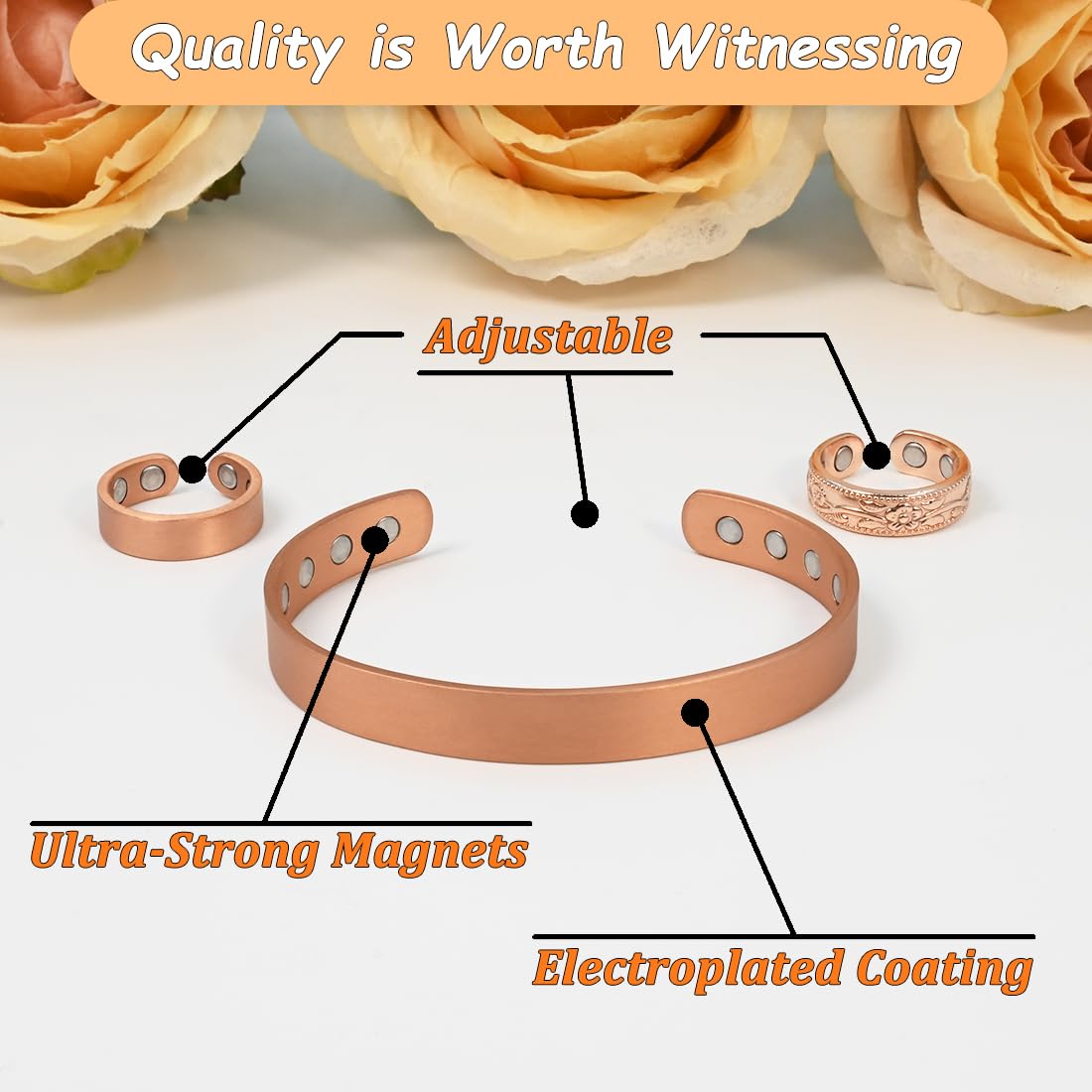 Vicmag Copper Magnetic Bracelet for Women - Ultra Strength 99.9% Pure Copper with Strong Magnets, Adjustable Size, Perfect Gift for Pain Relief & Improved Circulation - Ideal for Arthritis, Joint Pain & Wellness Therapy