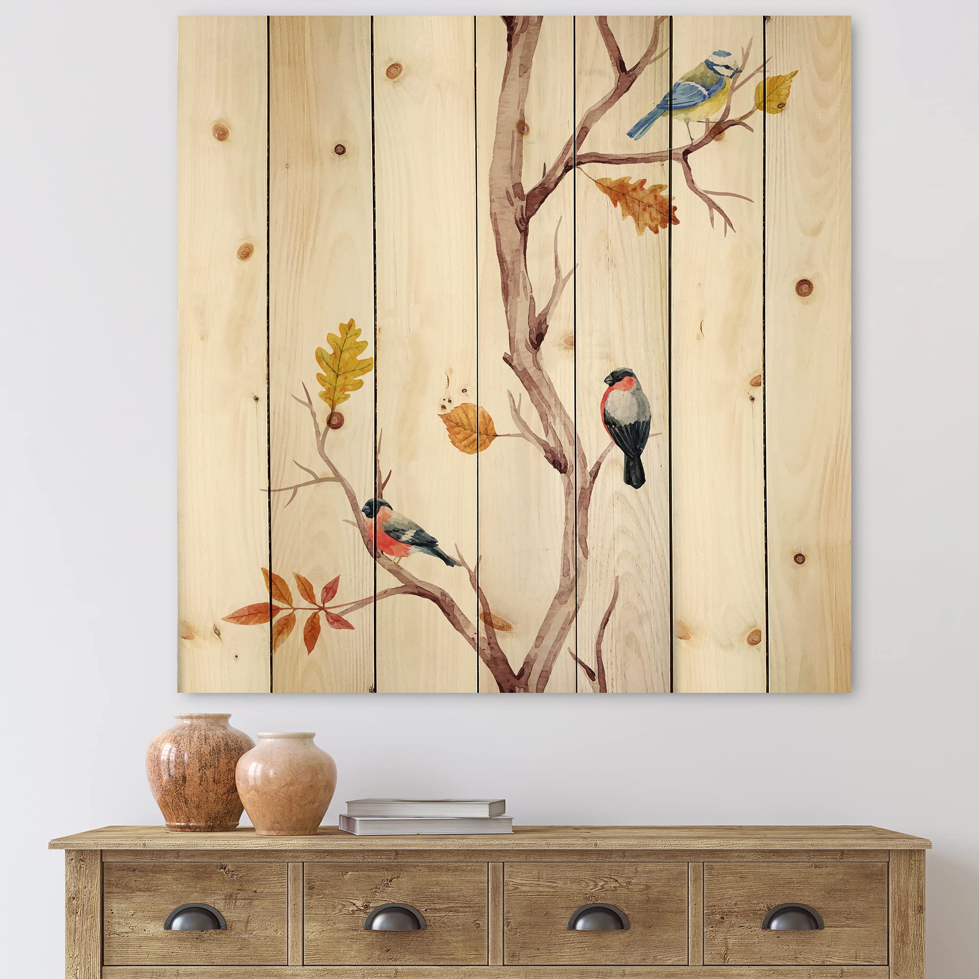 DesignQ Traditional Wood Wall Decor - Little Birds on Tree Branches IV, White Wood Wall Art, Large Animal Wood Panels Printed on Natural Pine - Perfect for Living Room, Bedroom & Office Decor