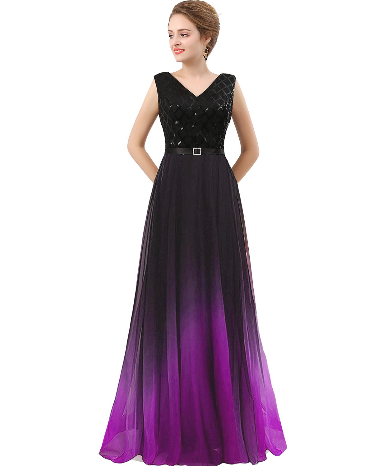 Lemai V Neck Long Sequined Chiffon A-Line Corset Prom Evening Dresses for Women - Elegant Formal Gown for Homecoming, Wedding Guest & Special Occasions