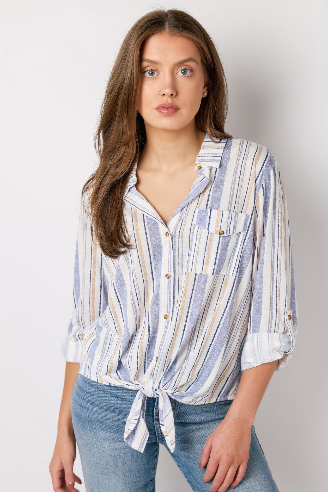 Blue Stripe Tie Front Shirt for Women | Casual & Office Wear | Stylish Button Down Blouse for Work, Date Night & Spring Outfits