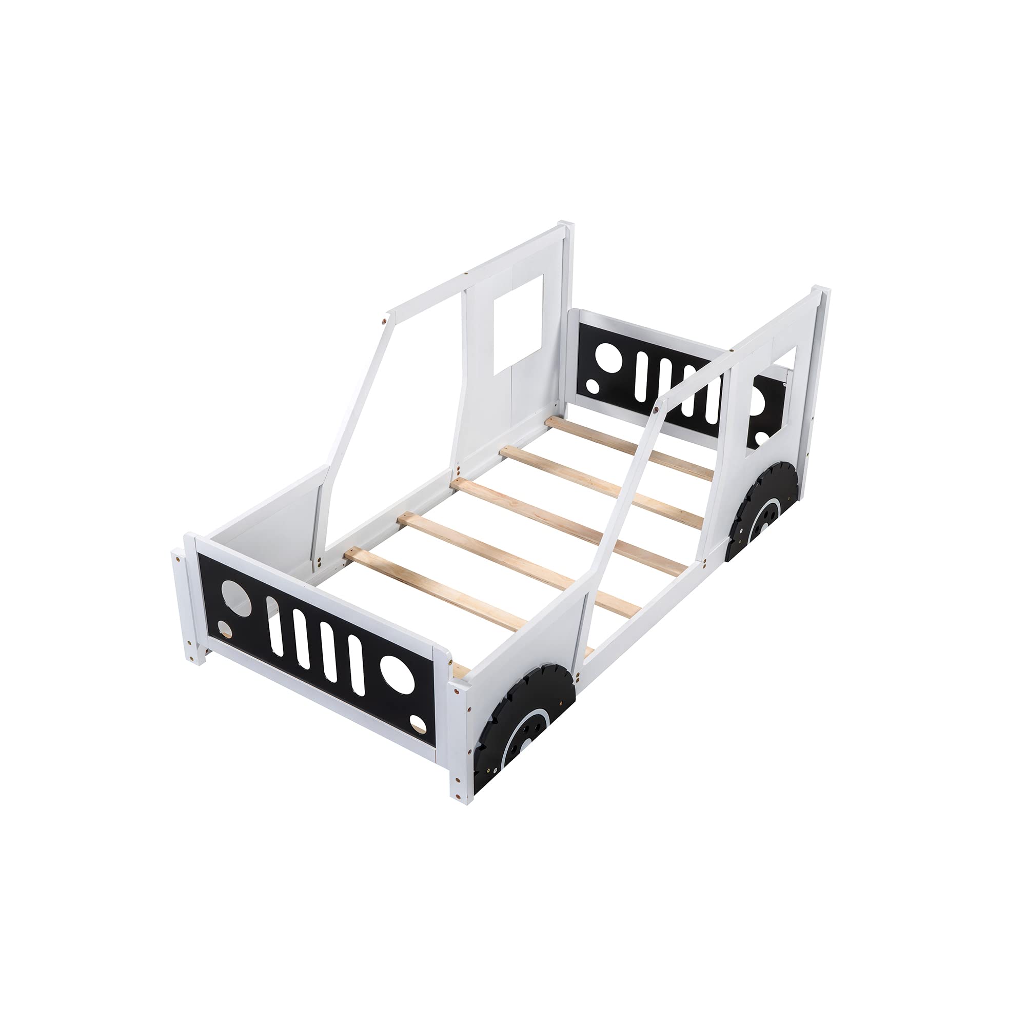 Twin Size Kids Car-Shaped Bed with Wheels - Wooden Montessori Floor Bed for Boys & Girls - Lightning McQueen Themed (White & Black) - Perfect for Toddler Rooms, Playrooms & Montessori Classrooms