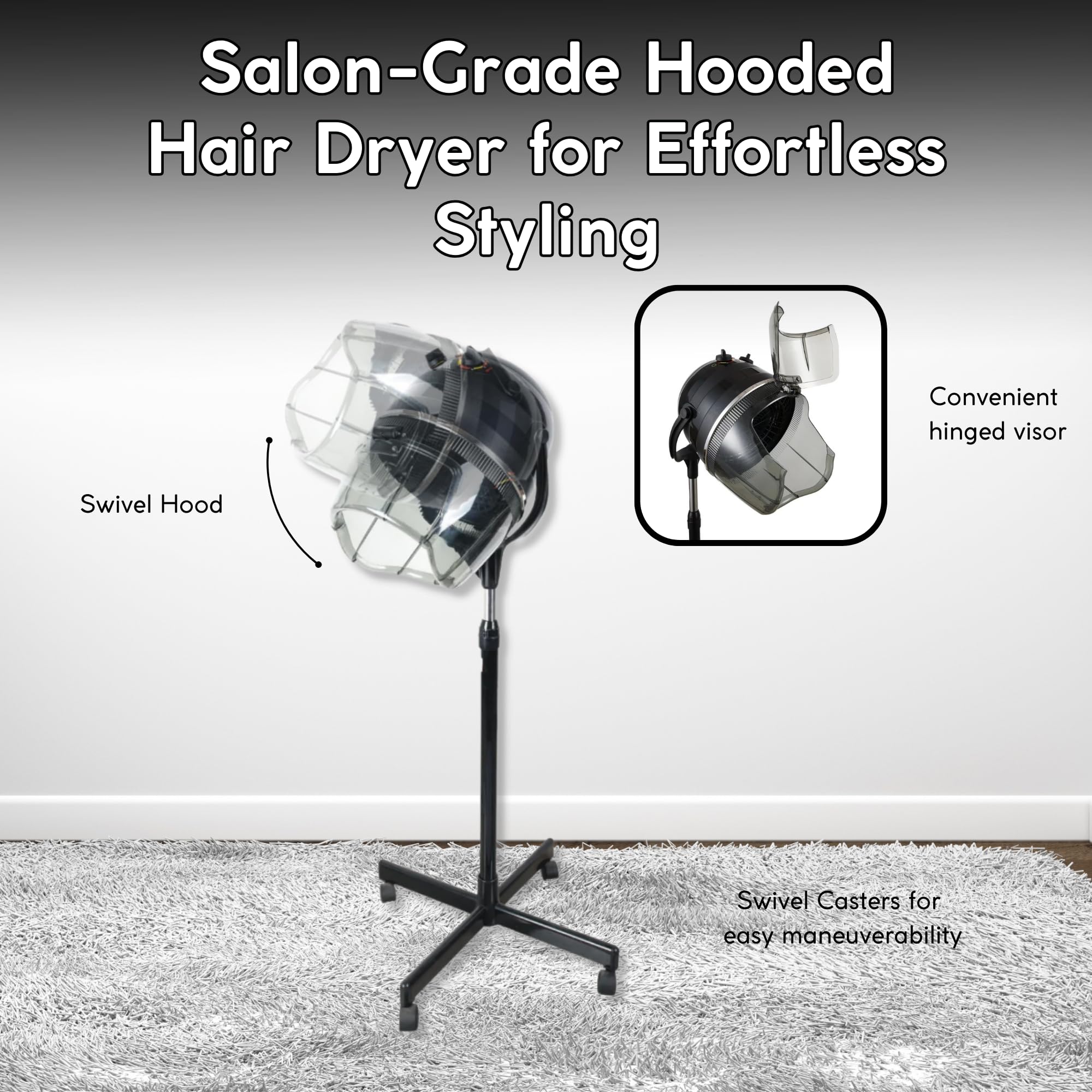 AURA LIVING Professional Adjustable Hooded Floor Hair Bonnet Dryer - Stand Hair Dryer with 5 Omni-Directional Wheels & Stable Base for Salon & Home Use - Perfect for Styling, Drying & Hair Treatments