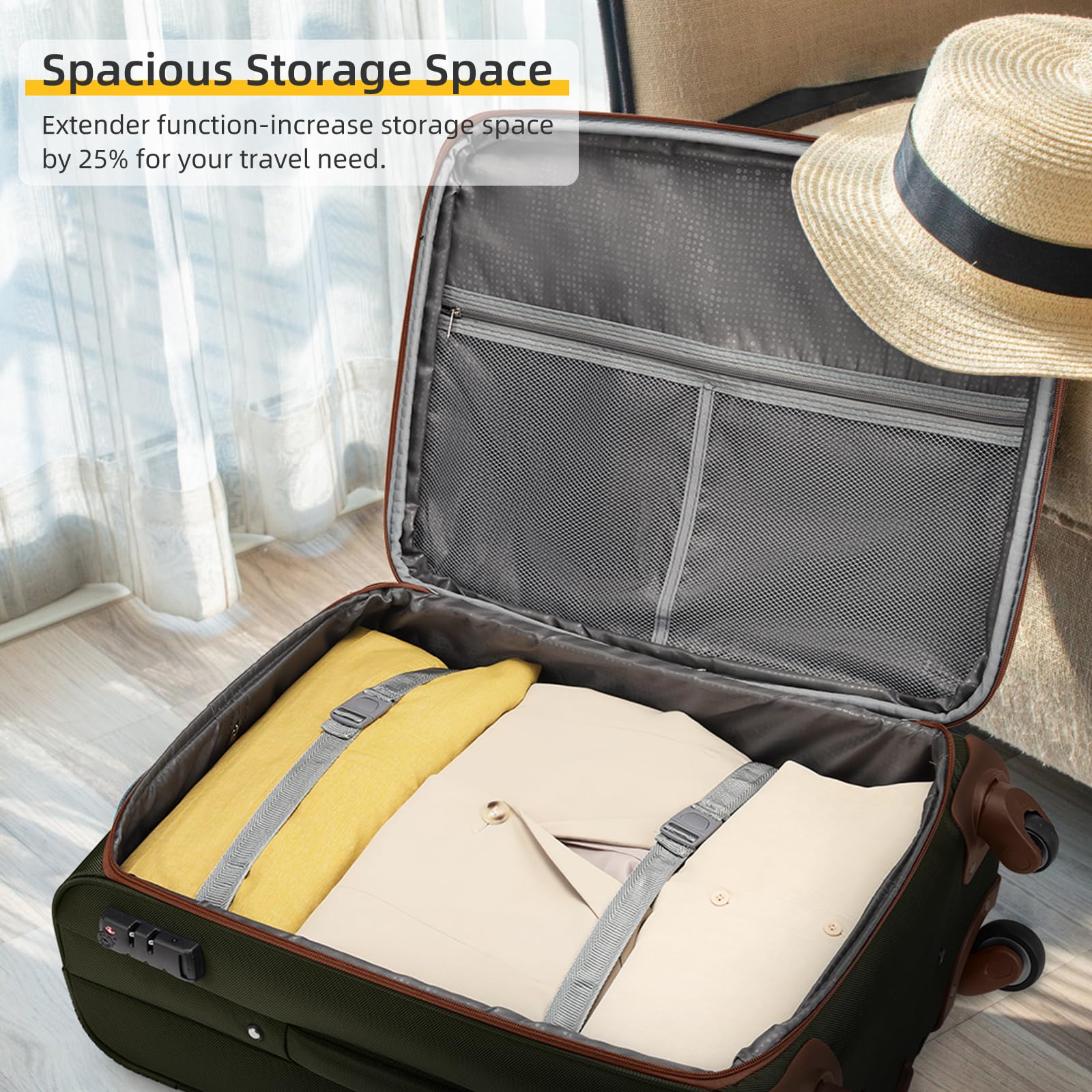 5-Piece Lavender Softside Expandable Luggage Set with Spinner Wheels & TSA Lock - Lightweight Rolling Suitcase for Travel - Green & Brown Soft Shell Carry-On for Men & Women - Perfect for Family Vacations, Business Trips & International Travel