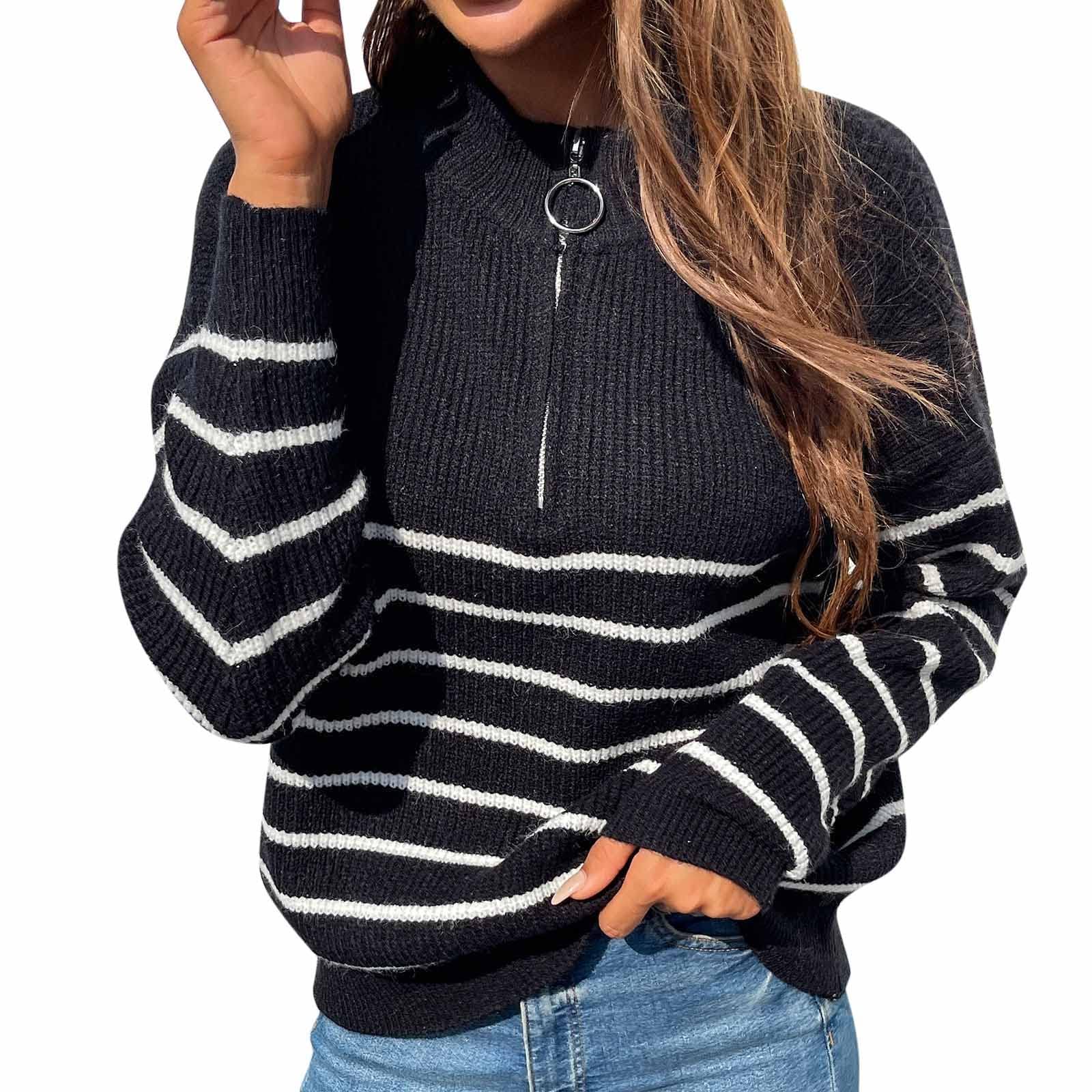 Women's Casual Striped Turtleneck Sweater - Loose Fit Long Sleeve Zipper Pullover Top, Plus Size Winter Coat for Work, Dating & Outdoor Activities