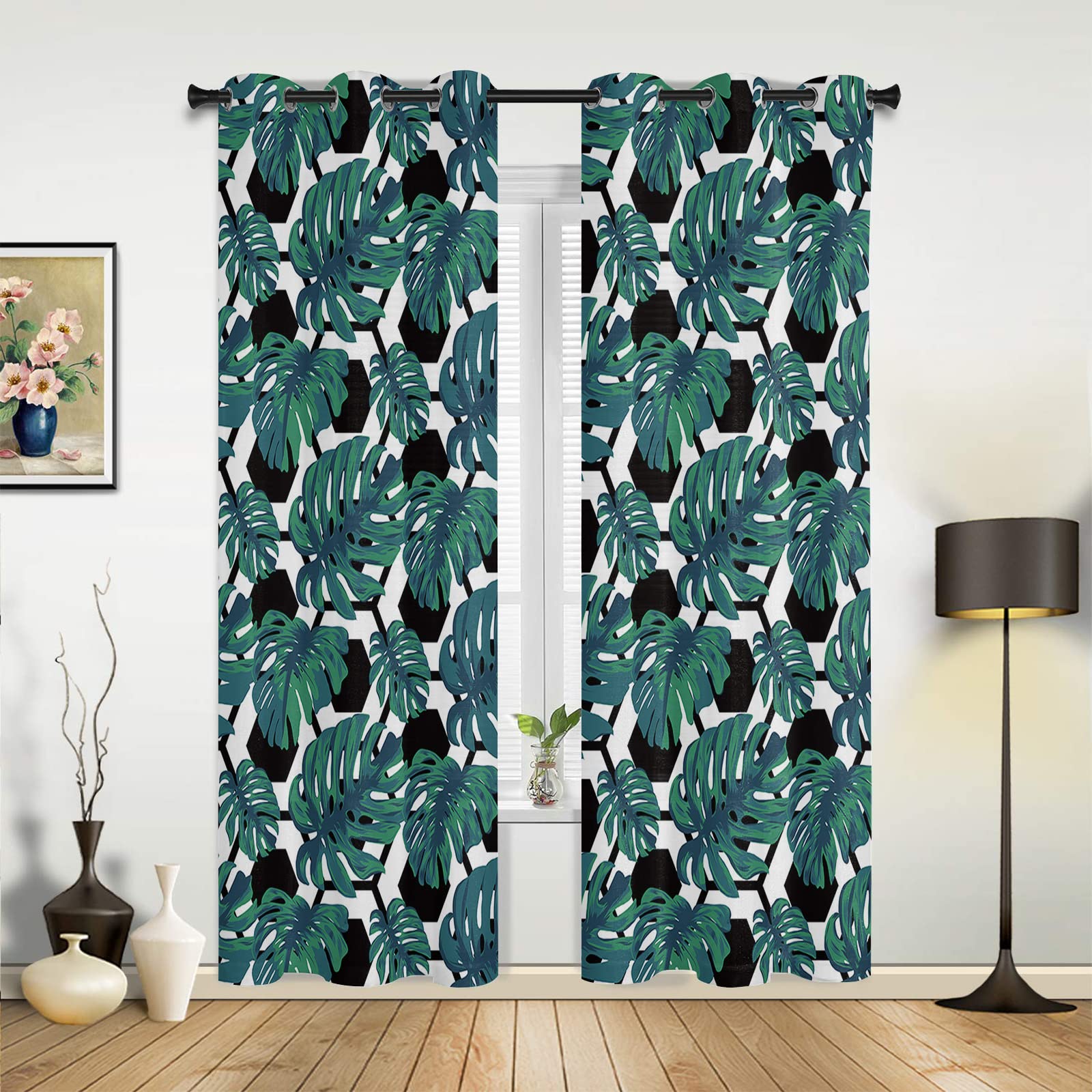 84 Inch Tropical Green Window Curtains with Palm Leaf Design - 2 Panel Grommet Drapes for Kitchen, Cafe, Living Room, Bedroom & Laundry Room - Perfect for Summer Decor & Window Treatments