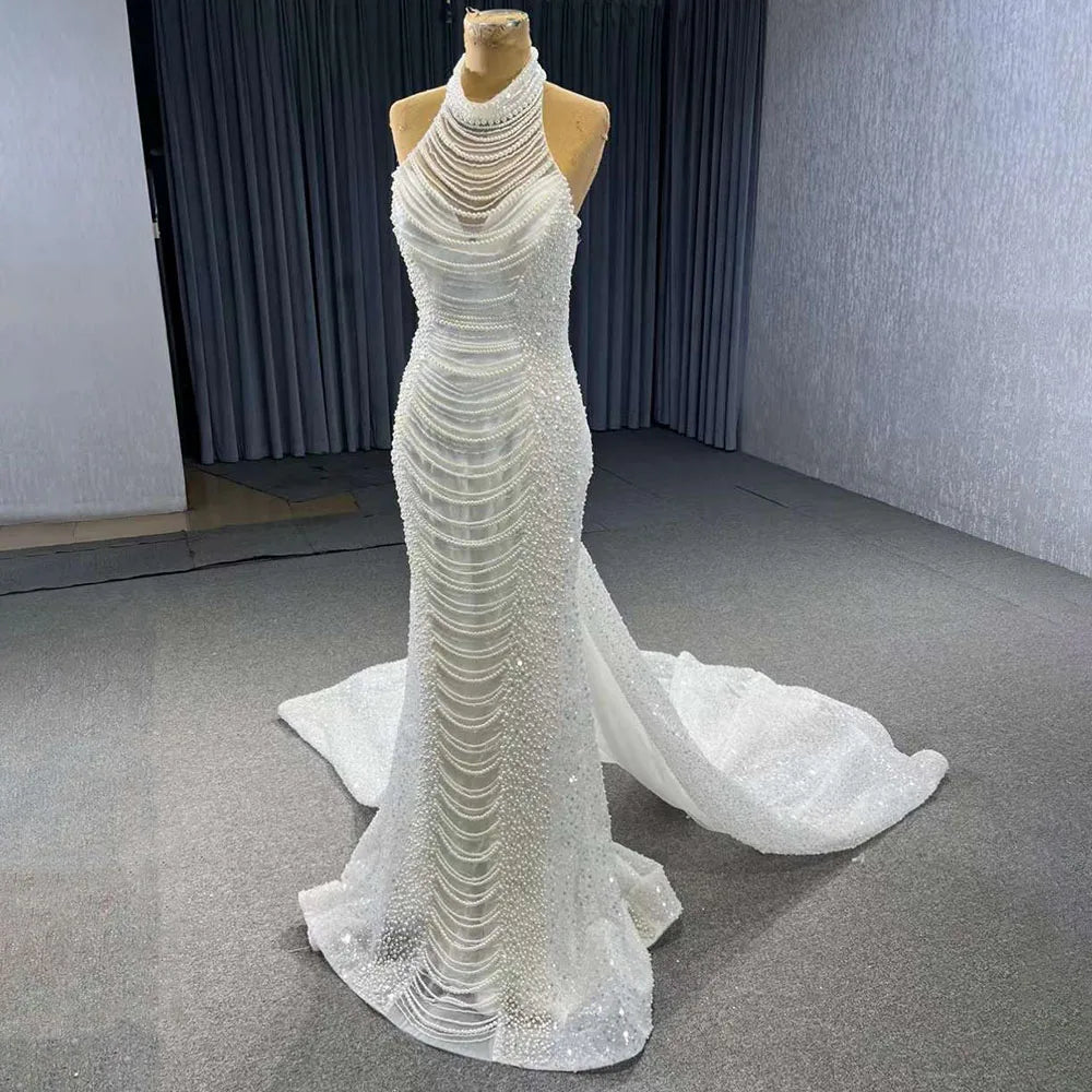 Serene Hill White Champagne Mermaid Wedding Dress with Lace-Up Back & Pearl Beading - Luxury Custom Bridal Gown 2025 (HM231033) | Perfect for Beach Weddings, Formal Ceremonies & Red Carpet Events