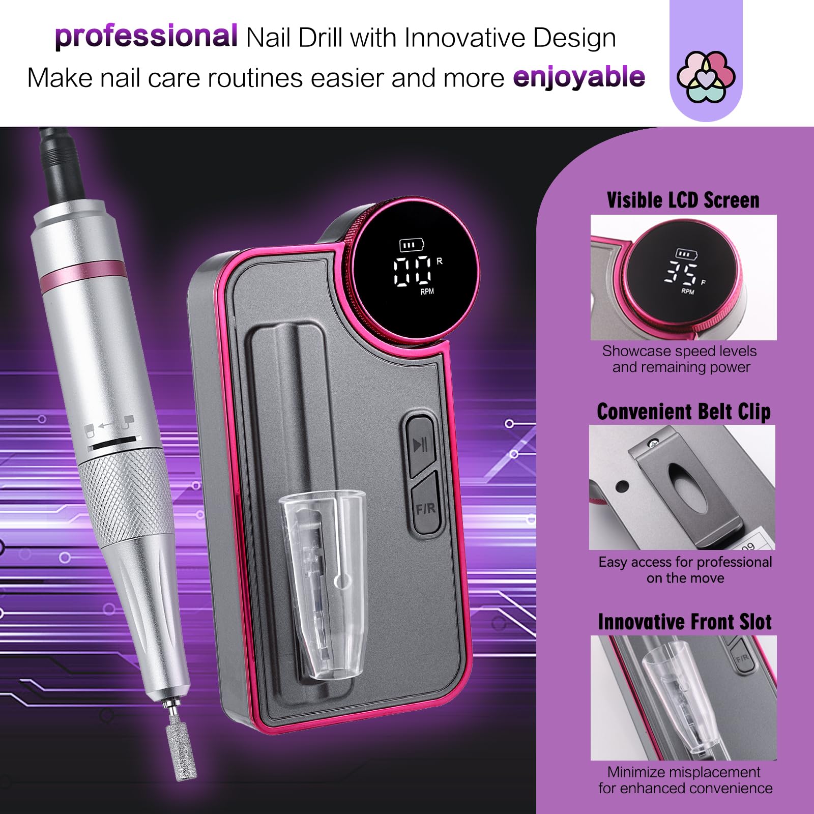 SAVILAND Professional Portable Electric Nail Drill Kit - 35000RPM Rechargeable Nail File Machine with 13 Drill Bits (Includes Ceramic Bit) for Home & Salon Manicure Pedicure | Grey & Purple Design | Perfect for DIY Nail Art, Acrylics & Gel Extensions