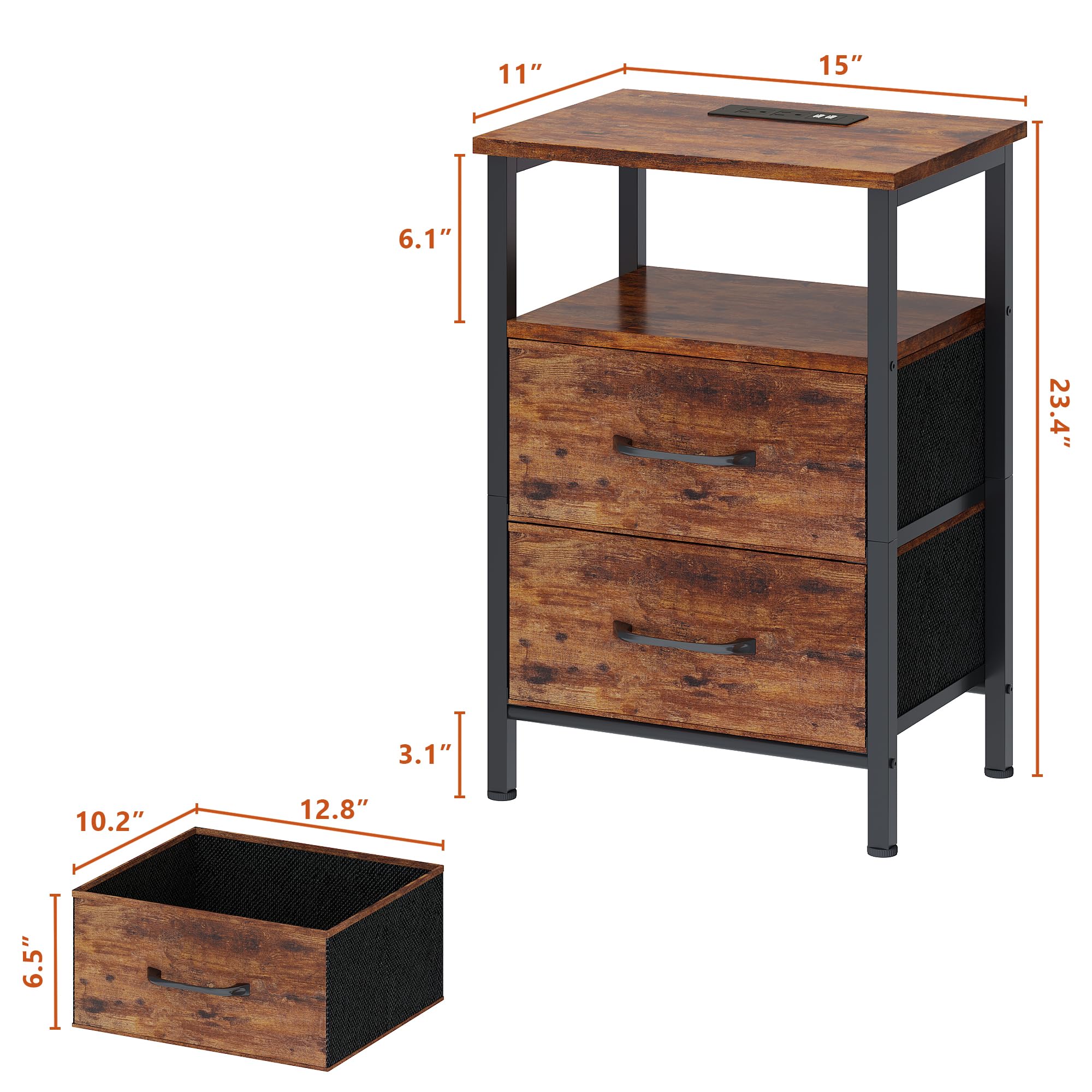 2-Piece Nightstand Set with USB Charging Station & LED Lights - Rustic Brown Bedside Tables with 2 Fabric Drawers & Open Shelf - Perfect for Bedroom, Living Room, or Dorm Organization & Storage