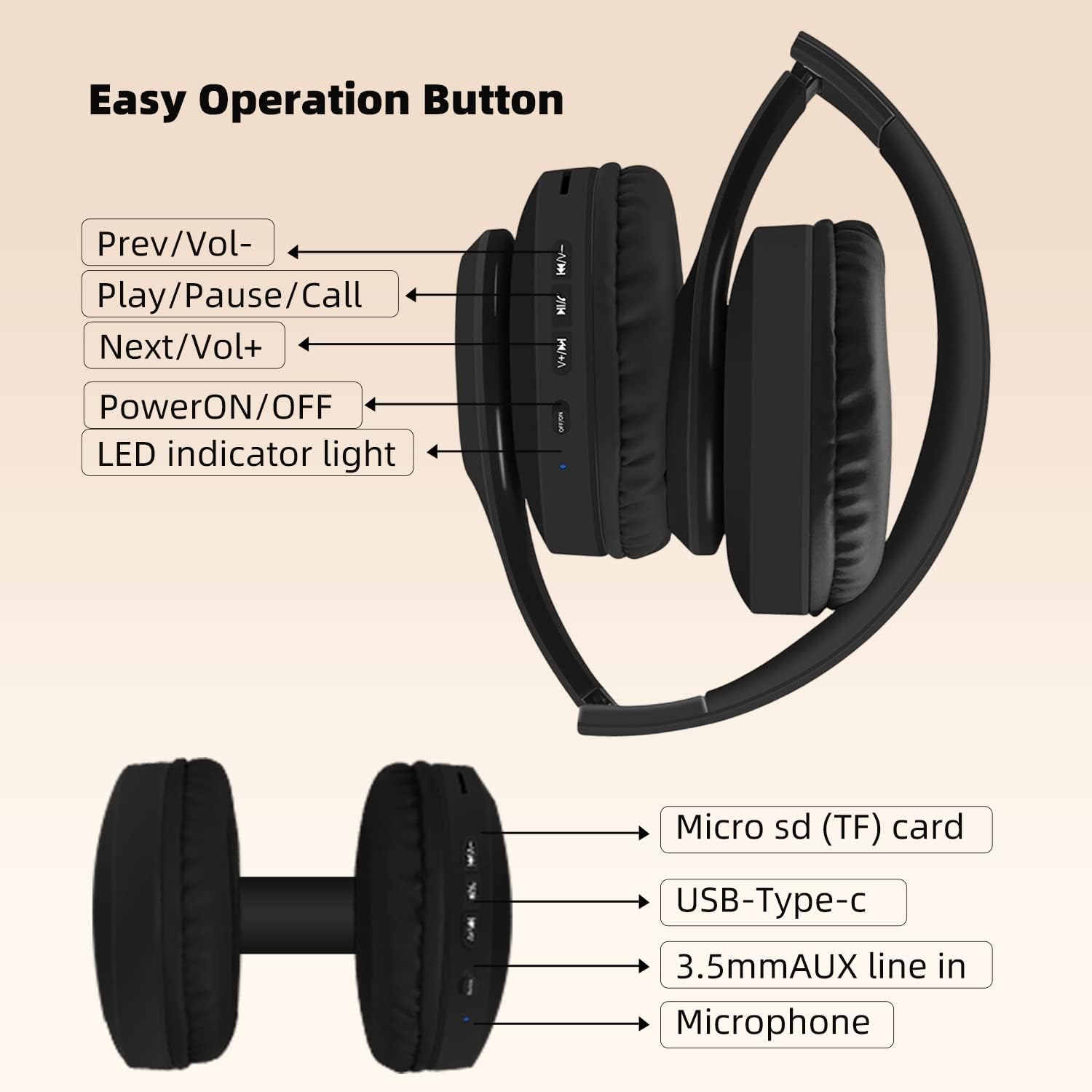 Wireless Bluetooth Over-Ear Headphones with Built-in Mic, Foldable Stereo Headset with Micro SD/TF & FM, Lightweight & Soft Earmuffs for Long Wear - Perfect for Travel, Workouts & Office Use (Black)