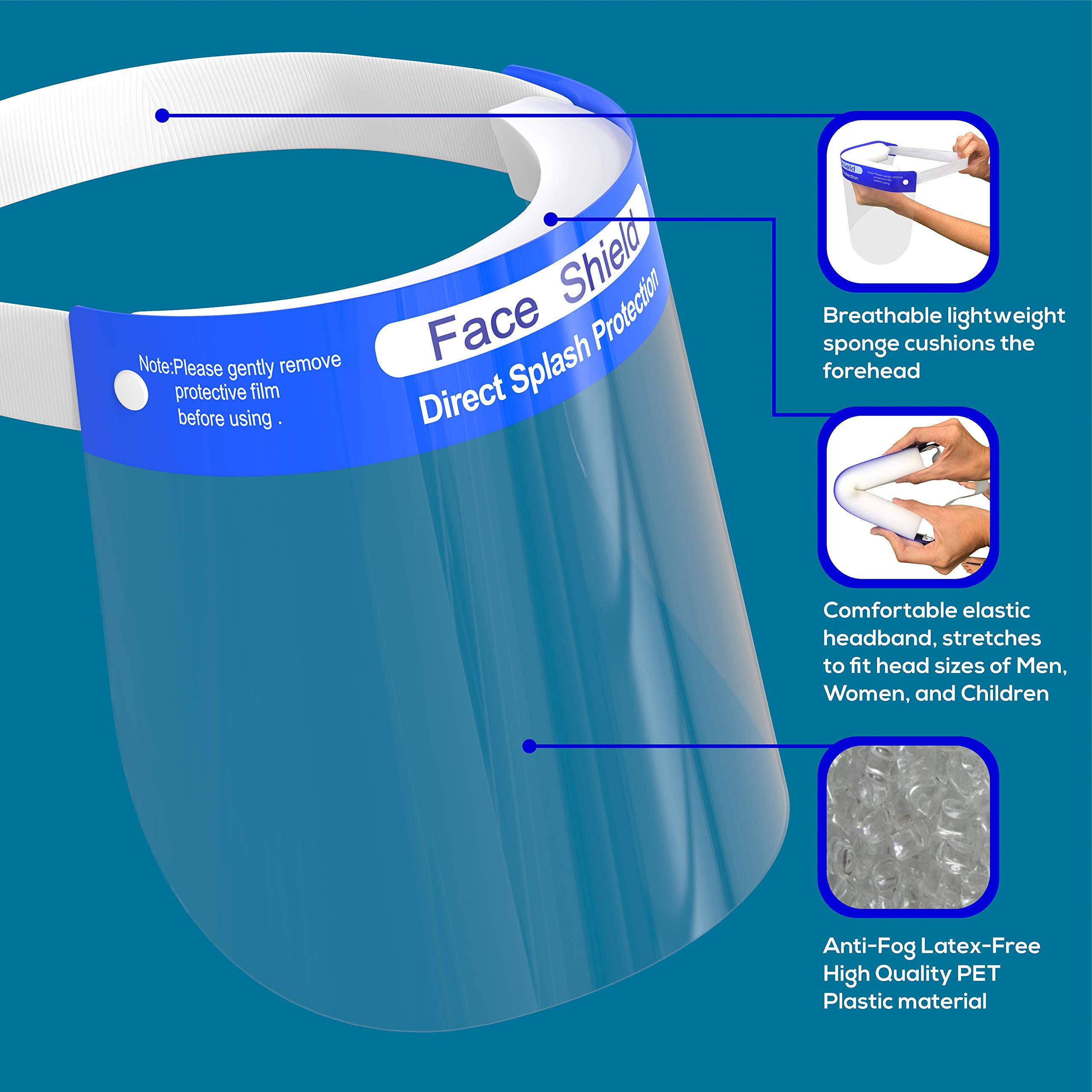 100 Pack Disposable Face Shields by ICU Health - Full Face & Eye Protection, Adjustable & Comfortable for Men & Women - Ideal for Healthcare, Construction, and Public Safety Use
