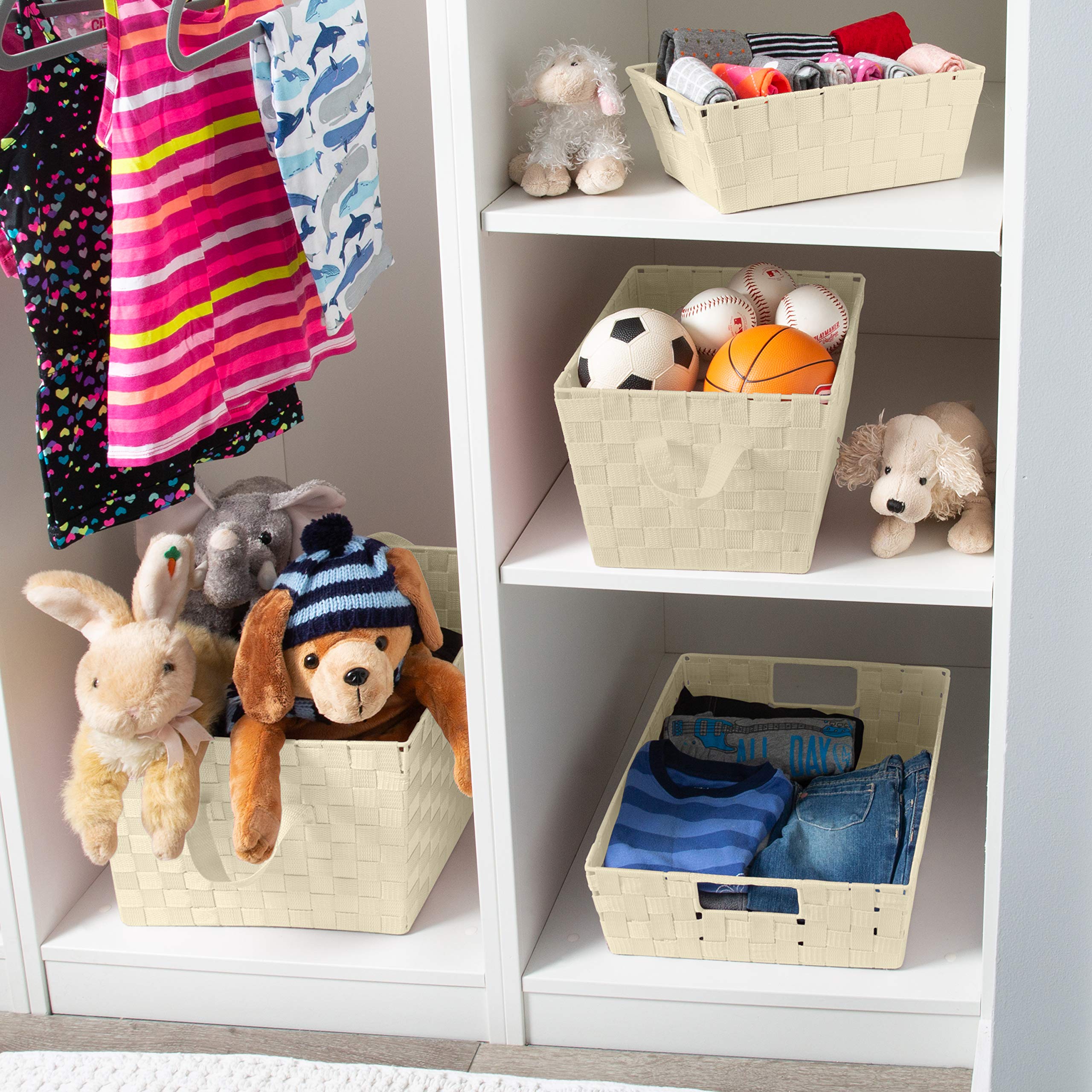 Simplify Large Woven Strap Storage Tote Basket with Handles - 2 Pack Ivory Organizer for Home & Office - Perfect for Closet, Bathroom, Nursery, Toy Storage & Gift Giving