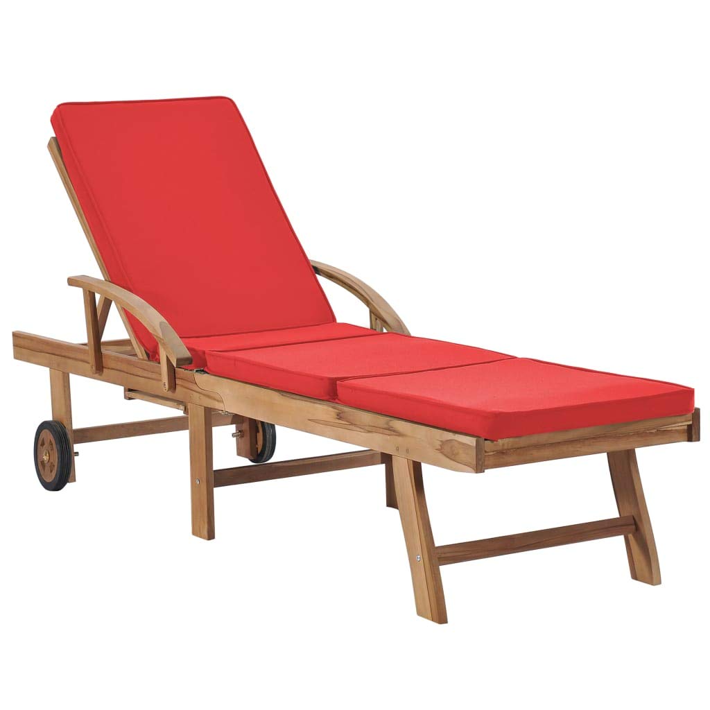Premium Outdoor Patio Chaise Lounge Chair with Wheels - Adjustable Wooden Recliner & Cushioned Sun Lounger (Red) - Perfect for Poolside, Beach, Garden Relaxation