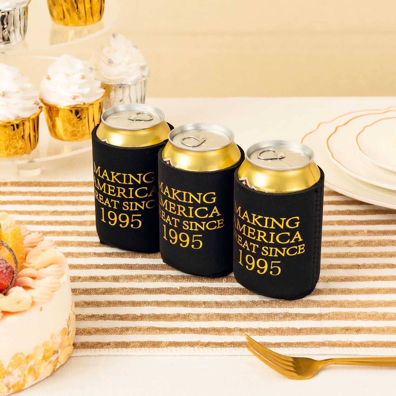30th Birthday Beer Sleeve Can Cooler - Insulated Neoprene Can Covers (24-Pack) - Black & Gold Design for Beer & Soda - Perfect for Birthday Parties, Tailgates & Outdoor Events - Since 1995