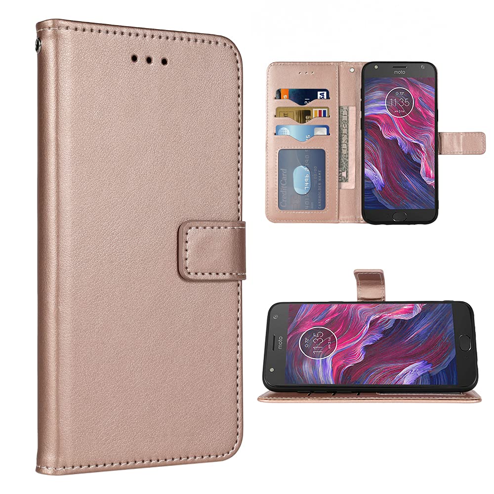 Premium Leather Wallet Case for Motorola Moto X4 (4th Gen/XT1900-1) - Flip Cover with Card Holder, Wrist Strap & Stand Function | Rose Gold | Perfect for Work, Travel & Everyday Use