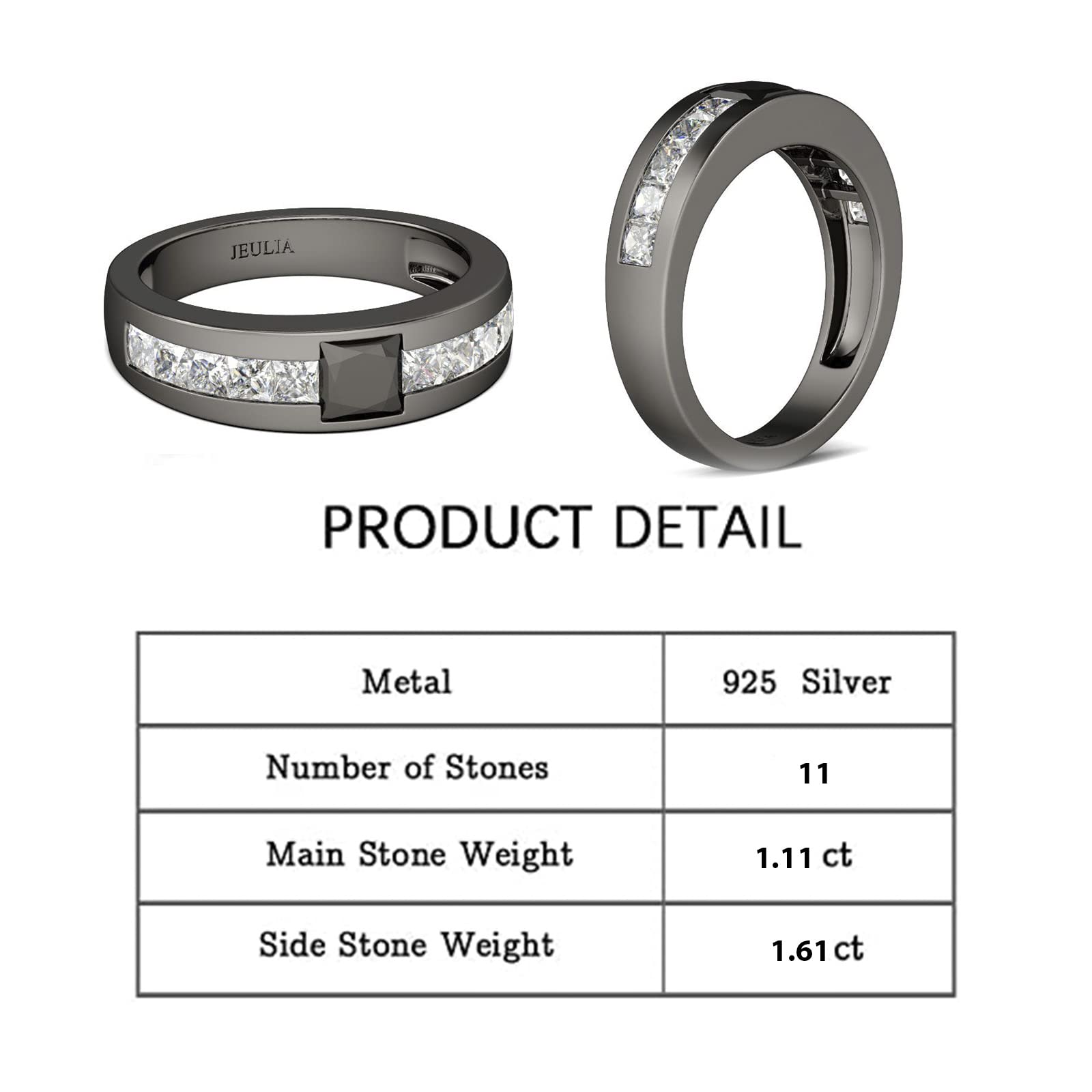 Jeulia Sterling Silver Eternity Ring Set - Black Tone Princess Cut Wedding Band for Men & Women, Diamond Engagement Stacking Rings with Jewelry Gift Box | Perfect for Anniversaries, Proposals & Special Occasions