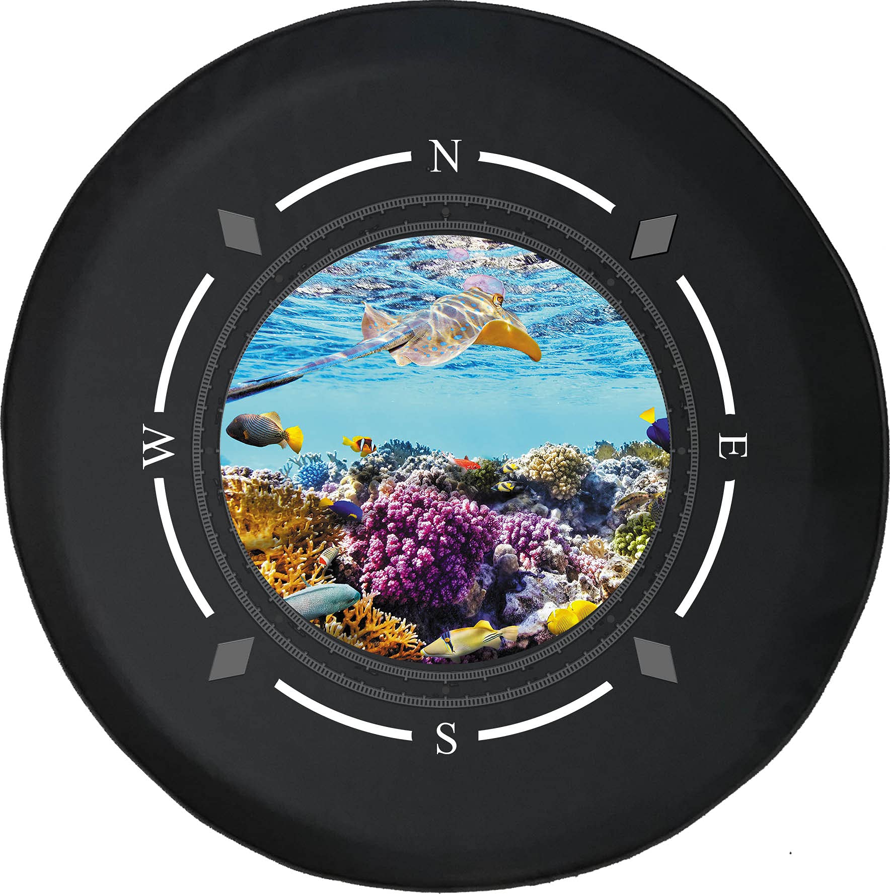 American Unlimited Spare Tire Cover with Compass Design - Great Barrier Reef Coral Pattern | Waterproof SUV, Trailer & RV Wheel Accessories | Perfect for Off-Road Adventures & Beach Camping