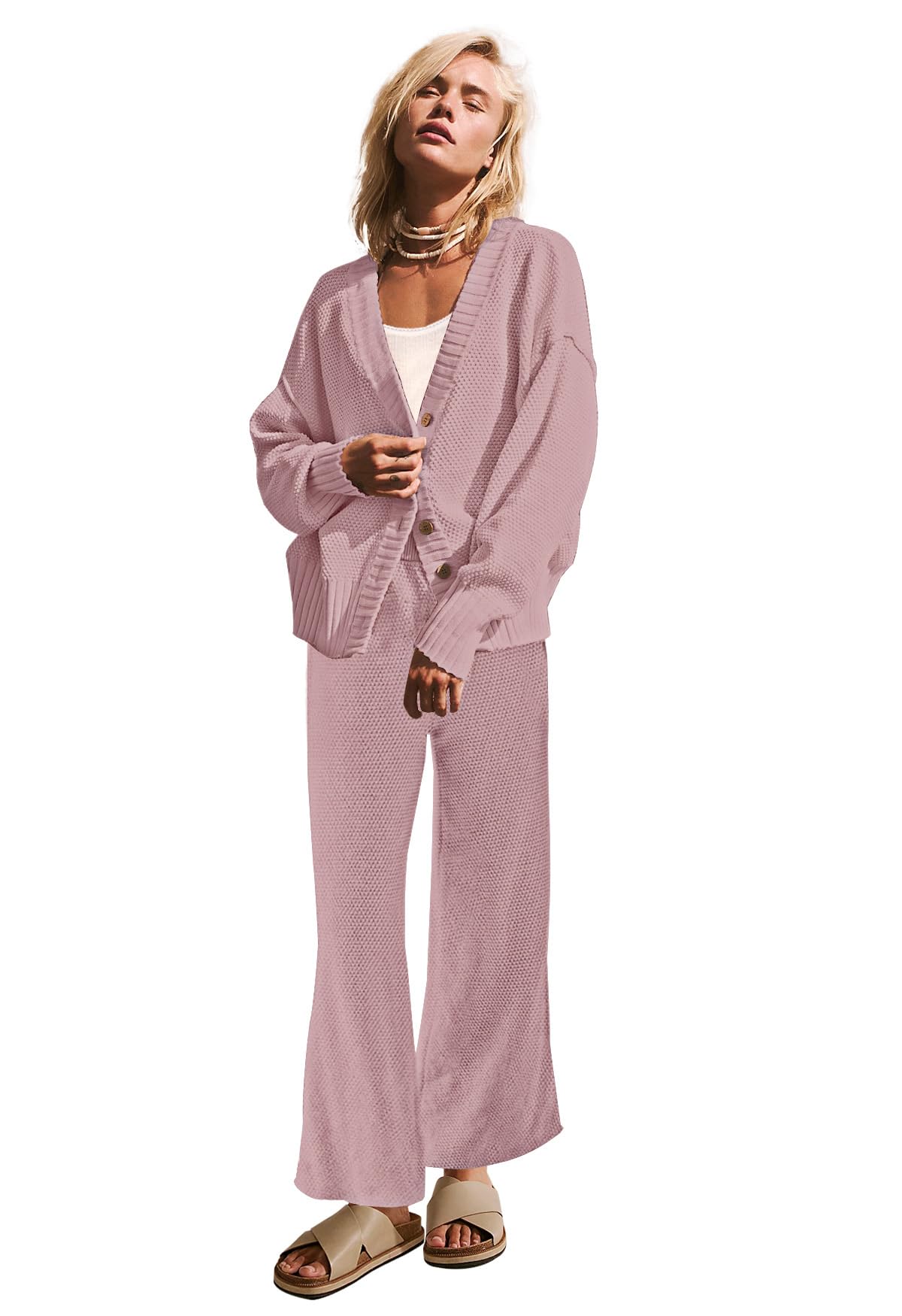 Women's Two Piece Outfits - Soft Open Front Knit Cardigan & Wide Leg Pants Lounge Set | Cozy Sweater Sets for Women | Perfect for Home, Office & Casual Outings